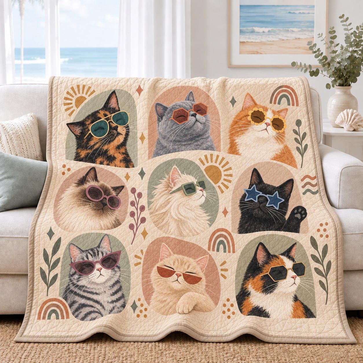 Cat Quilted Blanket with Retro Sunglasses Cats Throw Blanket, Funny Cat Lover Gift, Boho Kitty Couch Blanket, Cozy Pet Lover Home Decor - photo 1