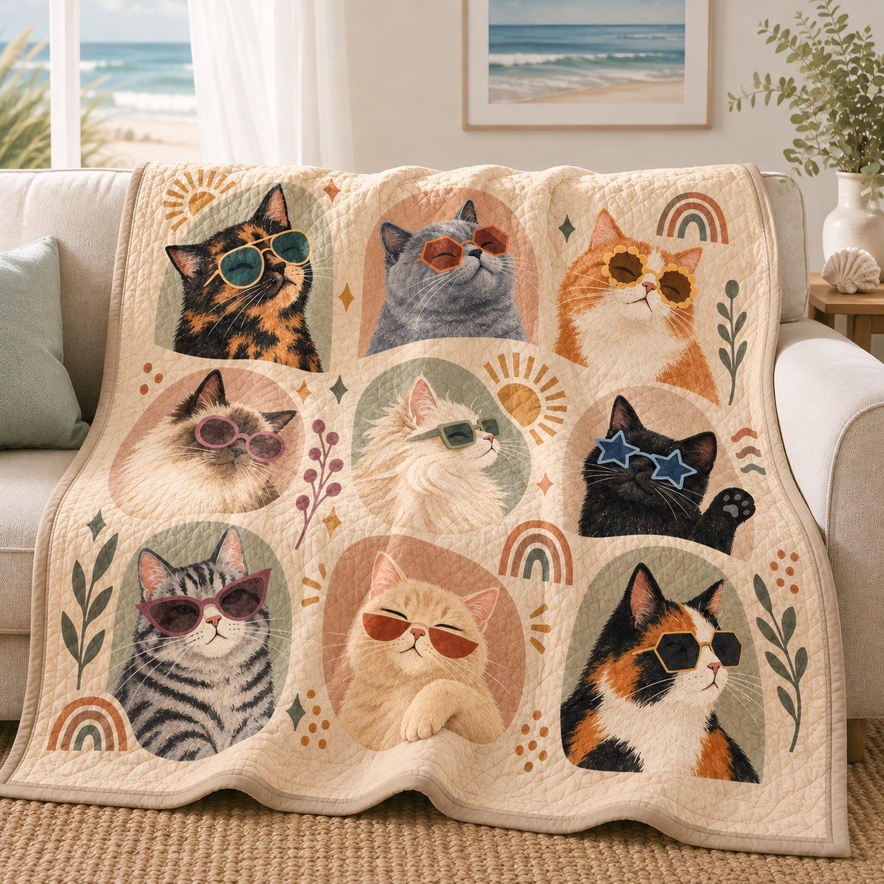 Cat Quilted Blanket with Retro Sunglasses Cats Throw Blanket, Funny Cat Lover Gift, Boho Kitty Couch Blanket, Cozy Pet Lover Home Decor - photo 2