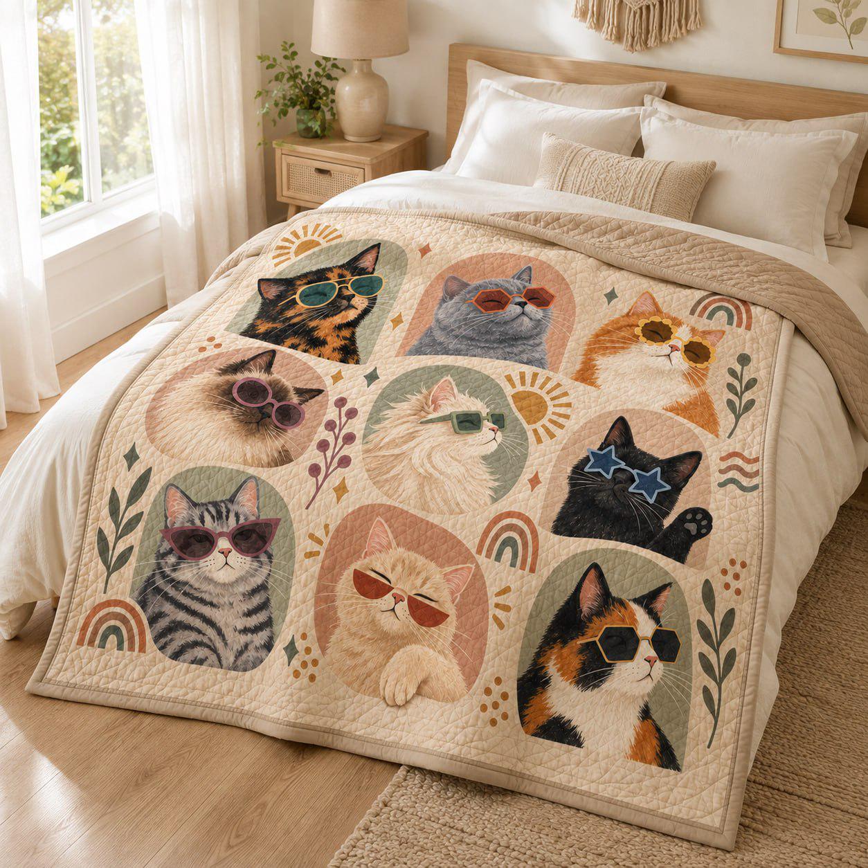 Cat Quilted Blanket with Retro Sunglasses Cats Throw Blanket, Funny Cat Lover Gift, Boho Kitty Couch Blanket, Cozy Pet Lover Home Decor - photo 3