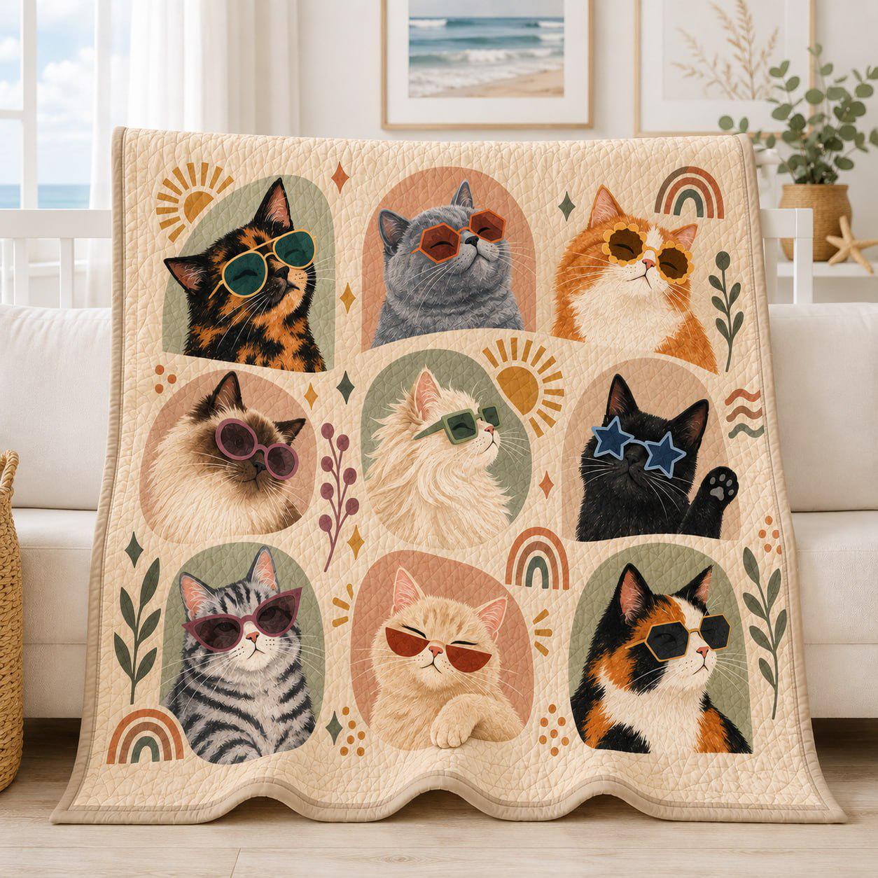 Cat Quilted Blanket with Retro Sunglasses Cats Throw Blanket, Funny Cat Lover Gift, Boho Kitty Couch Blanket, Cozy Pet Lover Home Decor - photo 4
