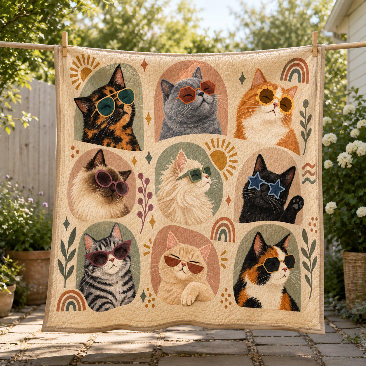 Cat Quilted Blanket with Retro Sunglasses Cats Throw Blanket, Funny Cat Lover Gift, Boho Kitty Couch Blanket, Cozy Pet Lover Home Decor - photo 6
