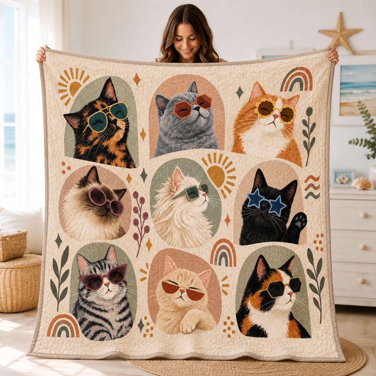 Cat Quilted Blanket with Retro Sunglasses Cats Throw Blanket, Funny Cat Lover Gift, Boho Kitty Couch Blanket, Cozy Pet Lover Home Decor - photo 7