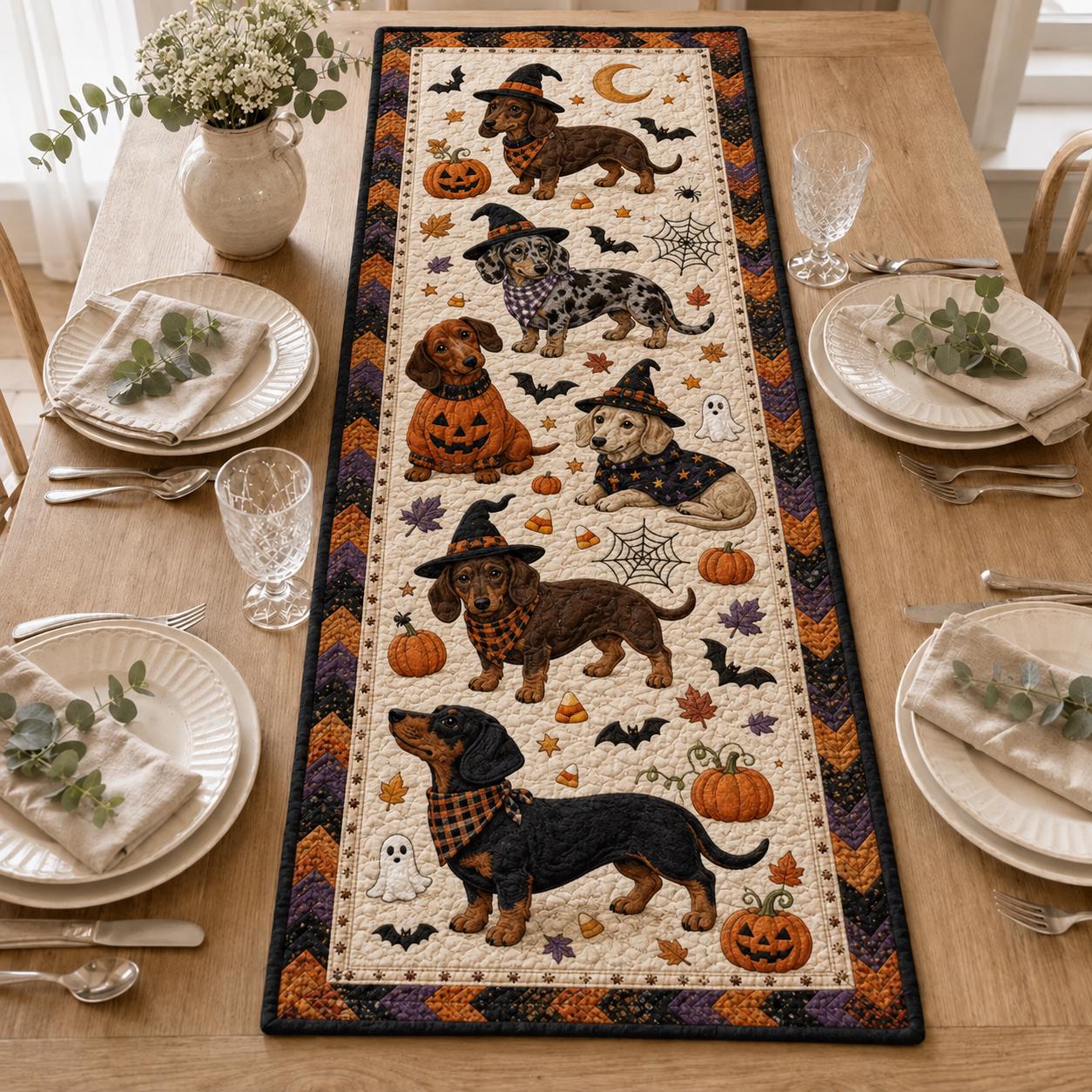 Chihuahua Halloween Quilted Table Runner with Spooky Dog Pumpkin Table Decor and Cute Fall Dining Runner for Kitchen Decor