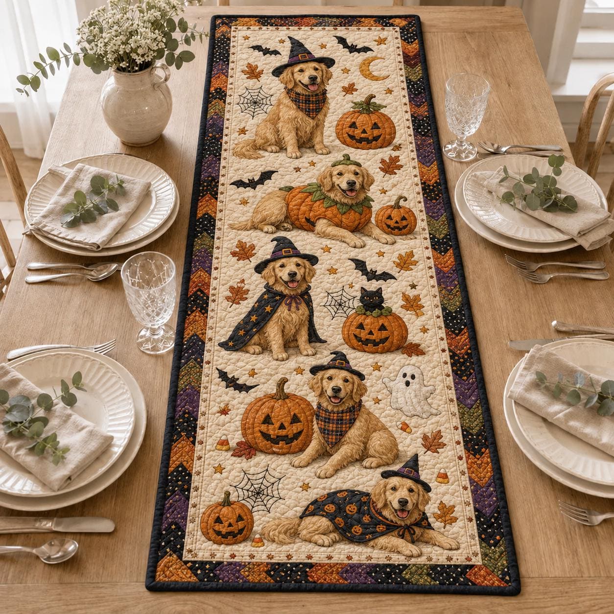 Chihuahua Halloween Quilted Table Runner with Spooky Dog Pumpkin Table Decor and Cute Fall Dining Runner for Kitchen Decor - photo 7
