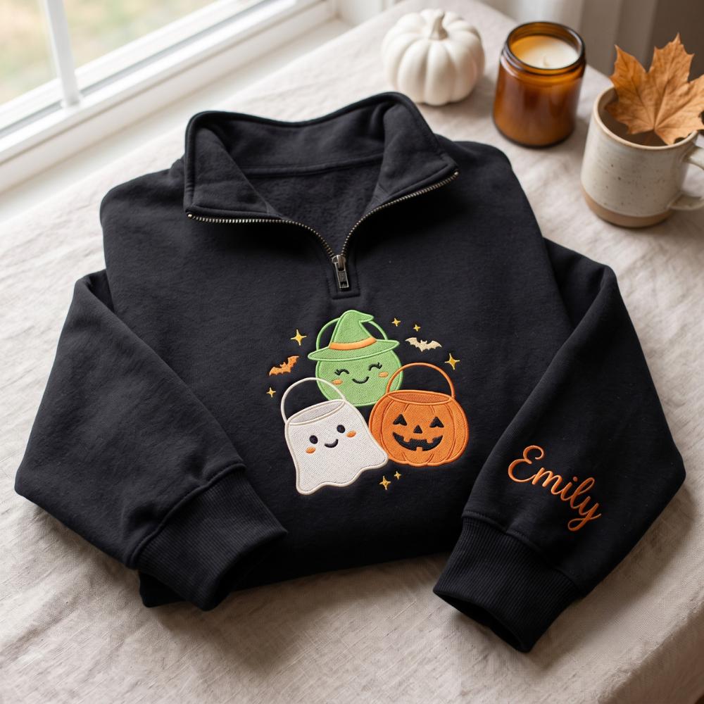 Personalized Halloween Embroidered Quarter Zip Sweatshirt – Cute Ghost Witch Jack O Lantern Pullover with Custom Name Sleeve, Spooky Gift