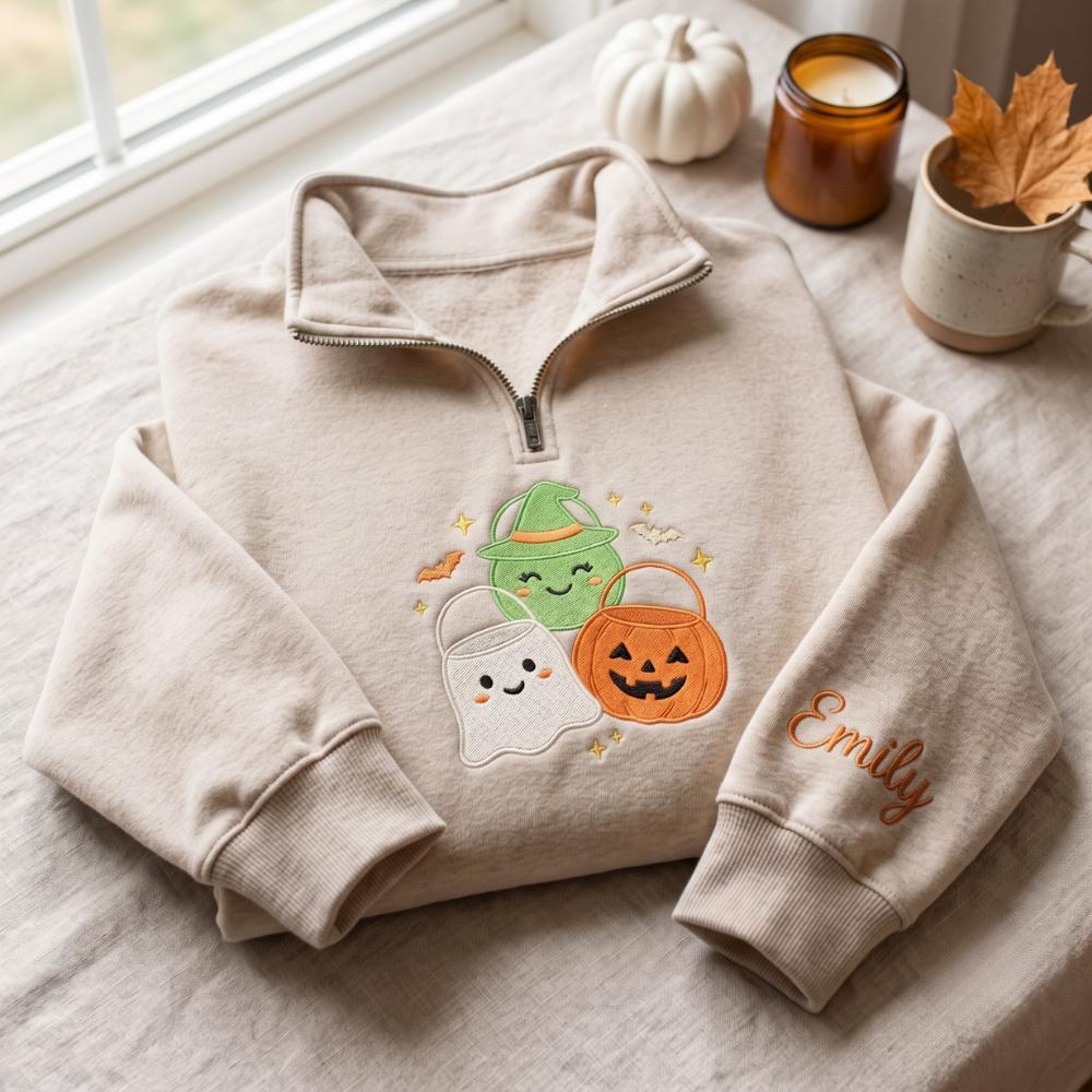 Personalized Halloween Embroidered Quarter Zip Sweatshirt – Cute Ghost Witch Jack O Lantern Pullover with Custom Name Sleeve, Spooky Gift - photo 2