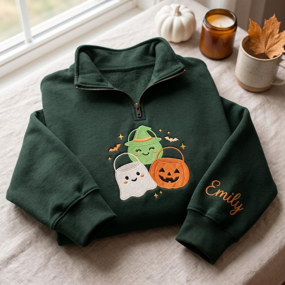 Personalized Halloween Embroidered Quarter Zip Sweatshirt – Cute Ghost Witch Jack O Lantern Pullover with Custom Name Sleeve, Spooky Gift - photo 3