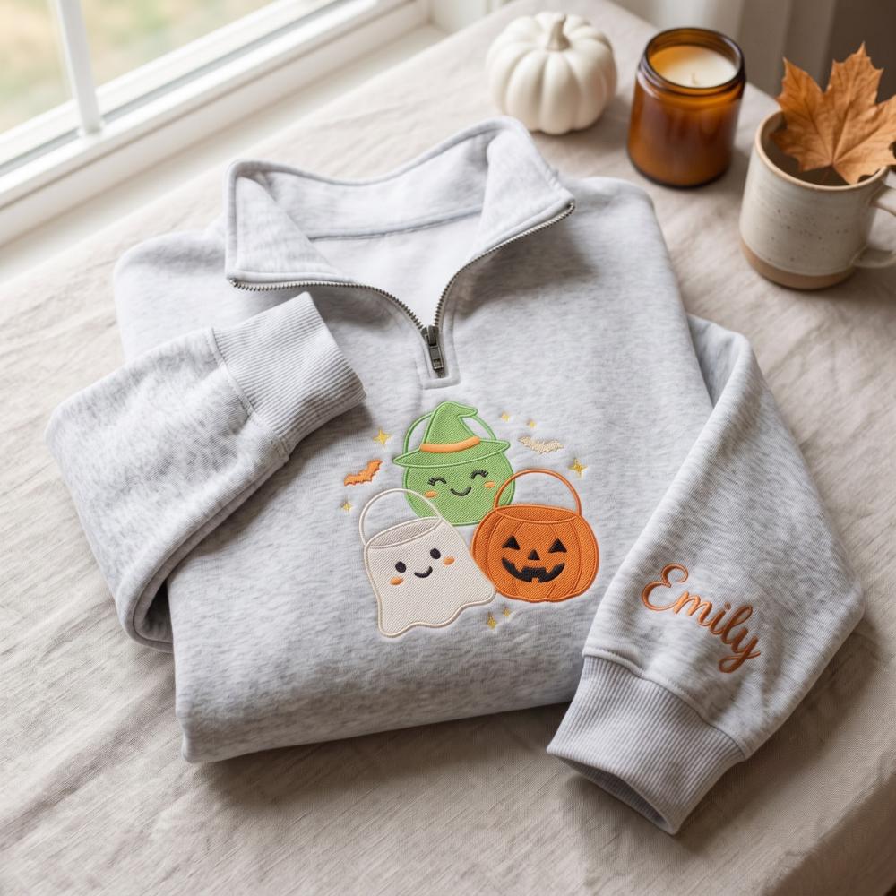 Personalized Halloween Embroidered Quarter Zip Sweatshirt – Cute Ghost Witch Jack O Lantern Pullover with Custom Name Sleeve, Spooky Gift - photo 4