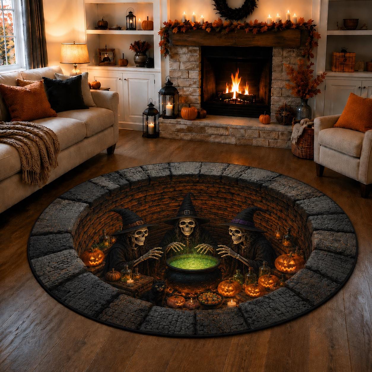 Skeleton Witch Halloween Round Rug with 3D Illusion Quilted Cauldron Pit Floor Mat for Spooky Coven Home Decor
