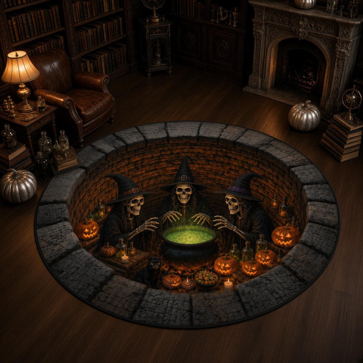 Skeleton Witch Halloween Round Rug with 3D Illusion Quilted Cauldron Pit Floor Mat for Spooky Coven Home Decor - photo 2