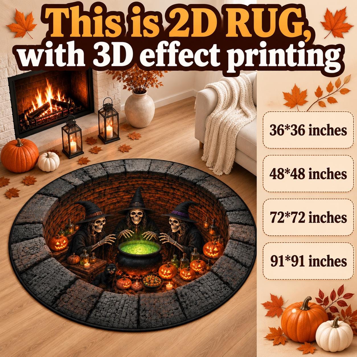 Skeleton Witch Halloween Round Rug with 3D Illusion Quilted Cauldron Pit Floor Mat for Spooky Coven Home Decor - photo 3