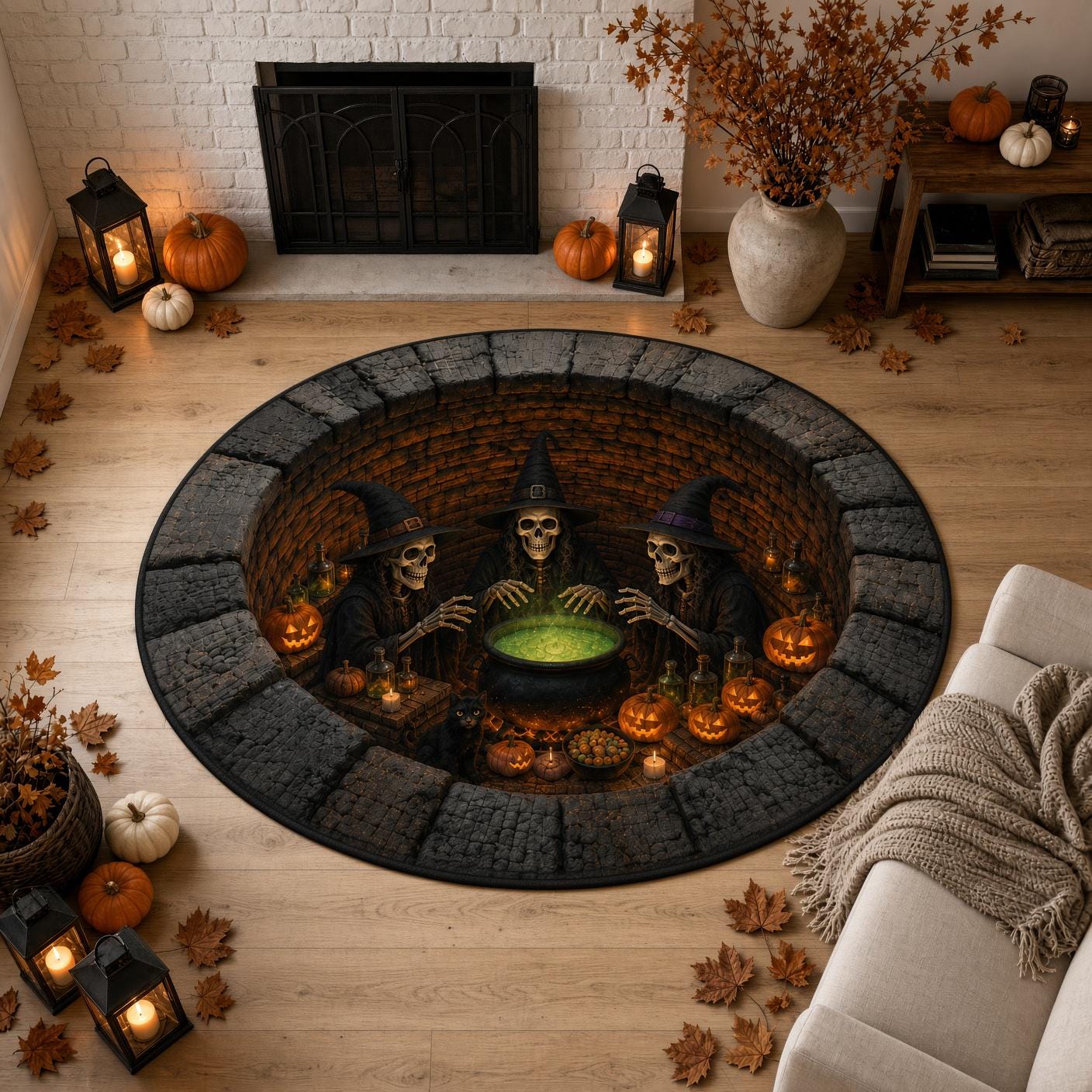 Skeleton Witch Halloween Round Rug with 3D Illusion Quilted Cauldron Pit Floor Mat for Spooky Coven Home Decor - photo 4