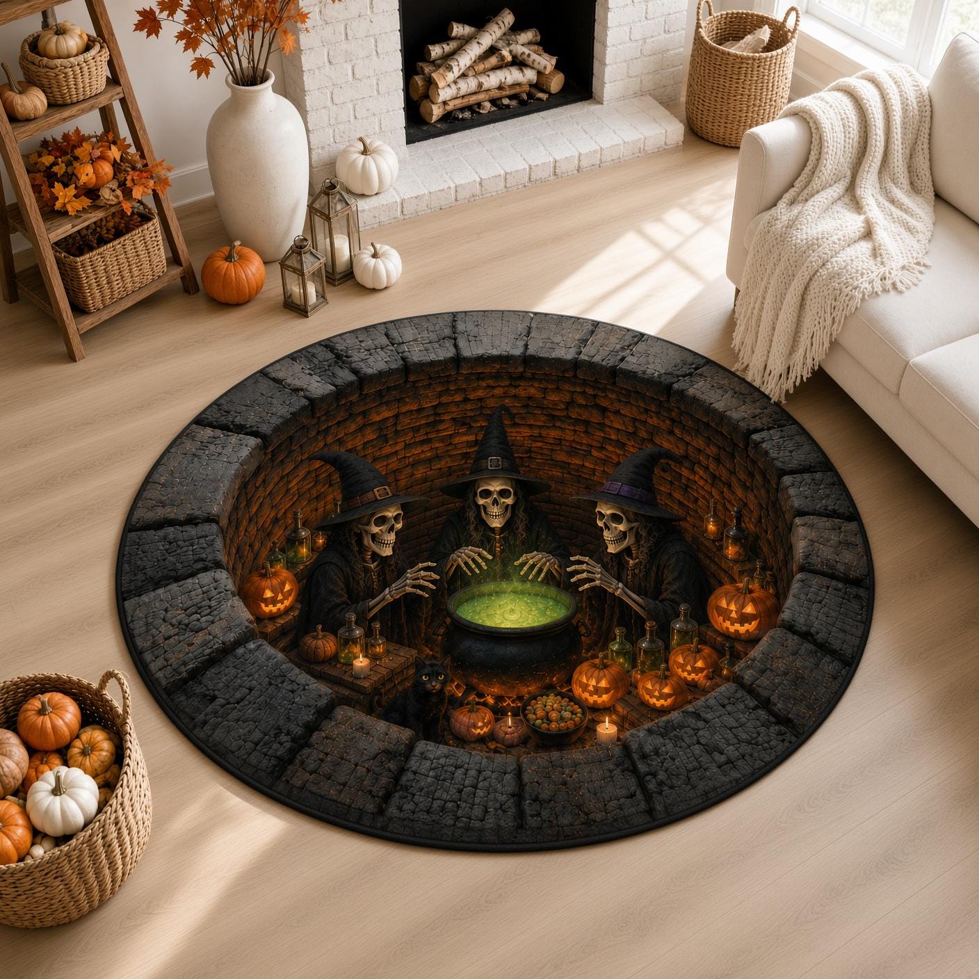 Skeleton Witch Halloween Round Rug with 3D Illusion Quilted Cauldron Pit Floor Mat for Spooky Coven Home Decor - photo 5