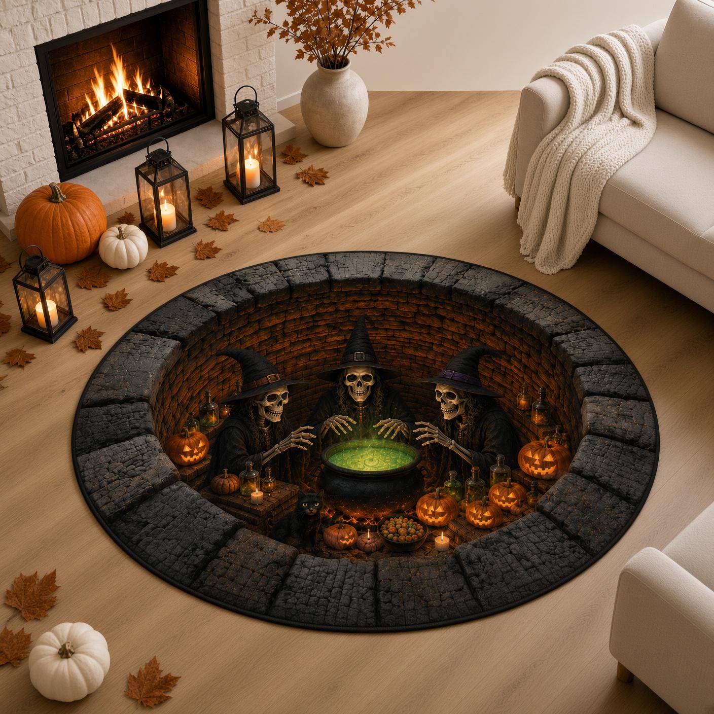 Skeleton Witch Halloween Round Rug with 3D Illusion Quilted Cauldron Pit Floor Mat for Spooky Coven Home Decor - photo 6