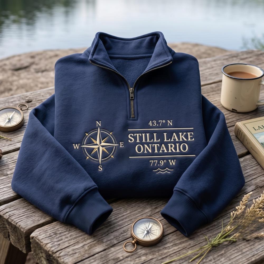 Embroidered Lake Ontario Quarter Zip Sweatshirt with Still Lake Compass Pullover and Canada Great Lakes Outdoor Lover Gift