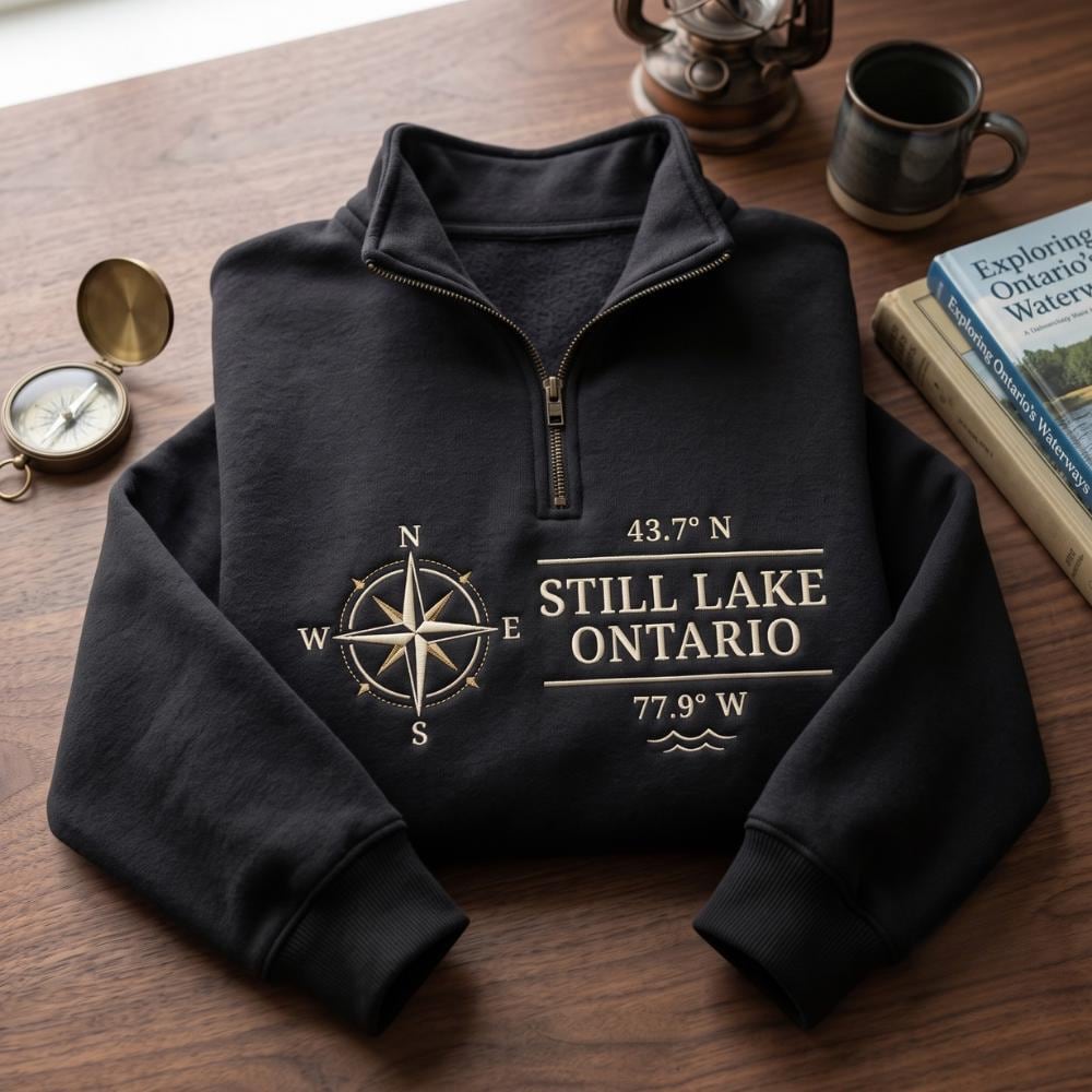 Embroidered Lake Ontario Quarter Zip Sweatshirt with Still Lake Compass Pullover and Canada Great Lakes Outdoor Lover Gift - photo 2