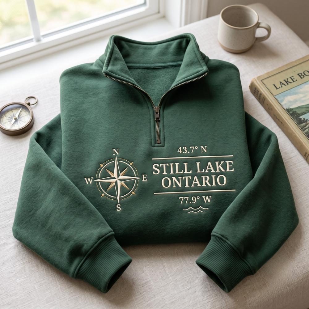Embroidered Lake Ontario Quarter Zip Sweatshirt with Still Lake Compass Pullover and Canada Great Lakes Outdoor Lover Gift - photo 3