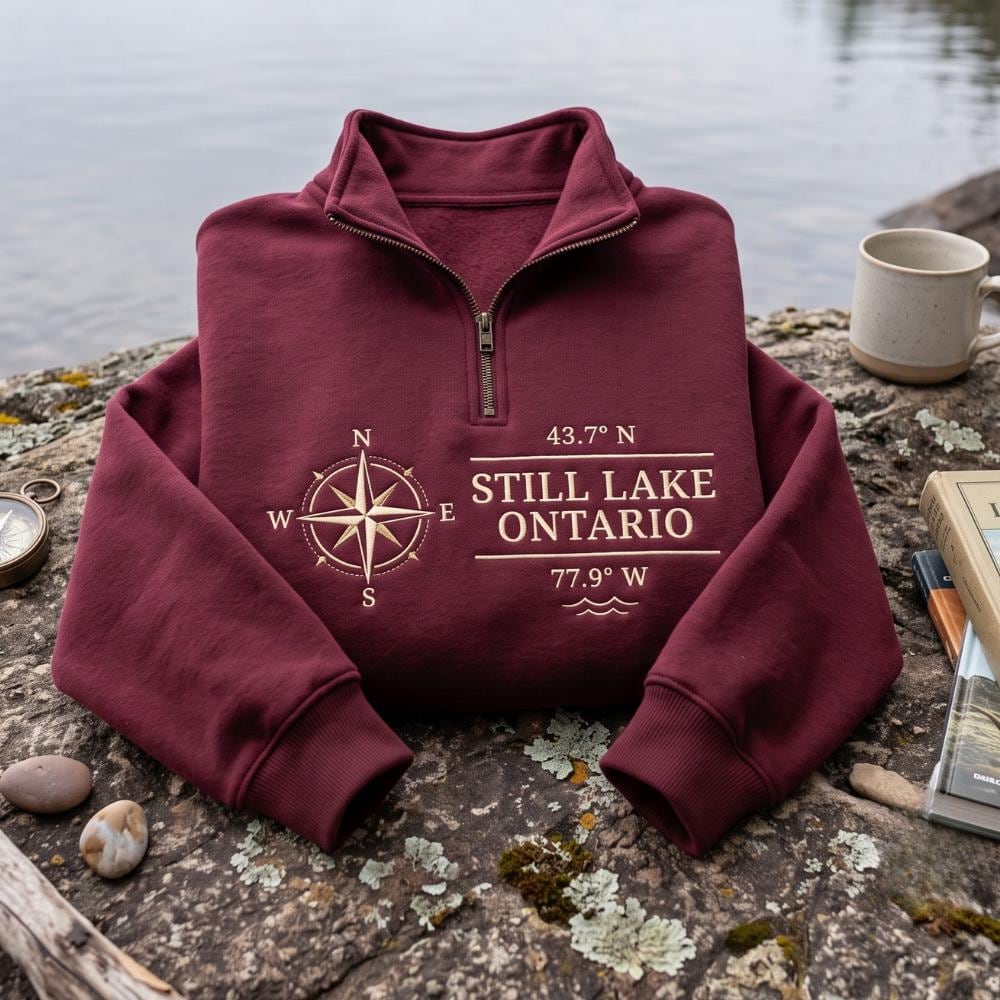 Embroidered Lake Ontario Quarter Zip Sweatshirt with Still Lake Compass Pullover and Canada Great Lakes Outdoor Lover Gift - photo 4
