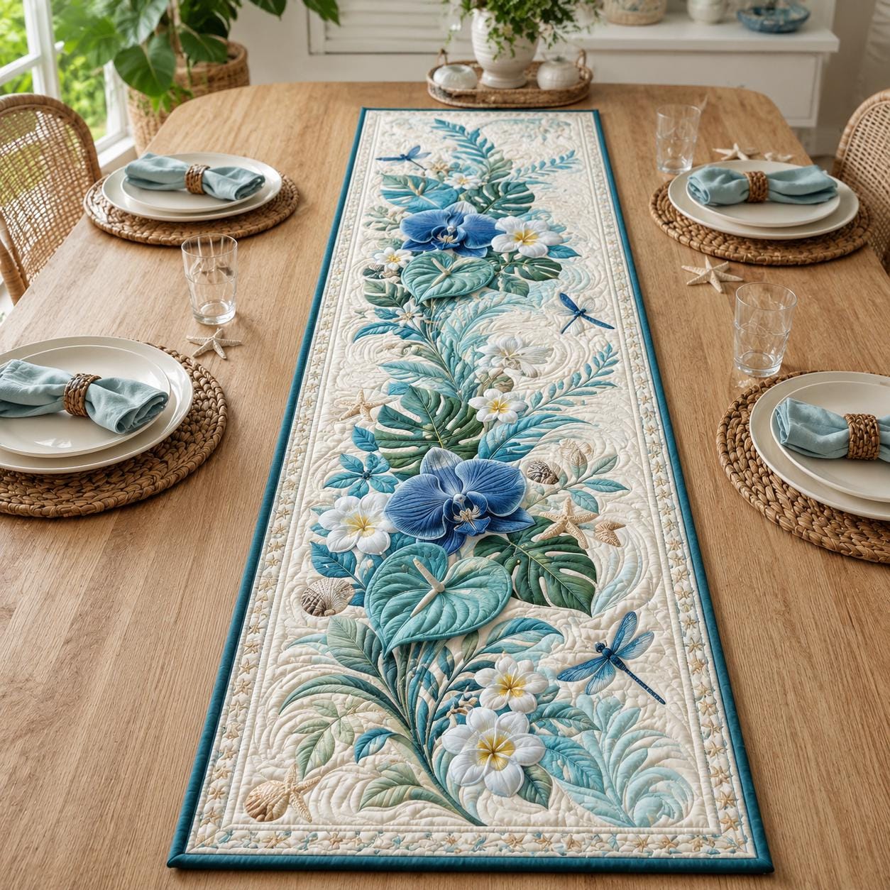 Tropical Hummingbird Table Runner with Quilt Style Botanical Decor and Bird of Paradise Floral for Summer Dining