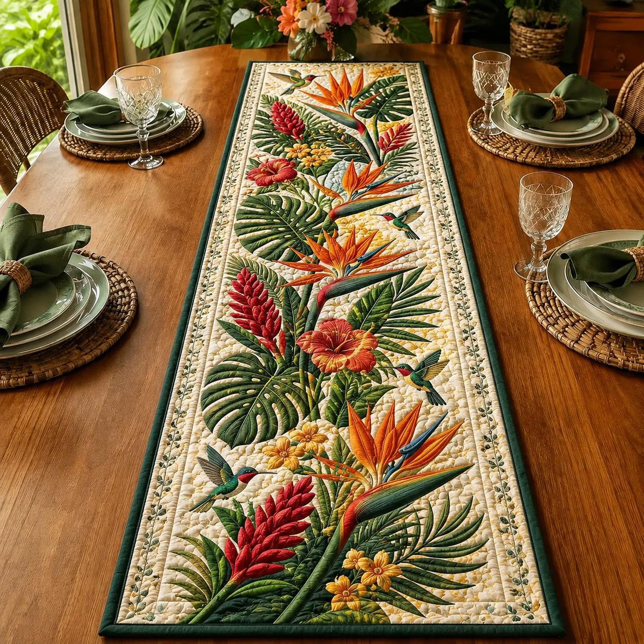 Tropical Hummingbird Table Runner with Quilt Style Botanical Decor and Bird of Paradise Floral for Summer Dining - photo 2