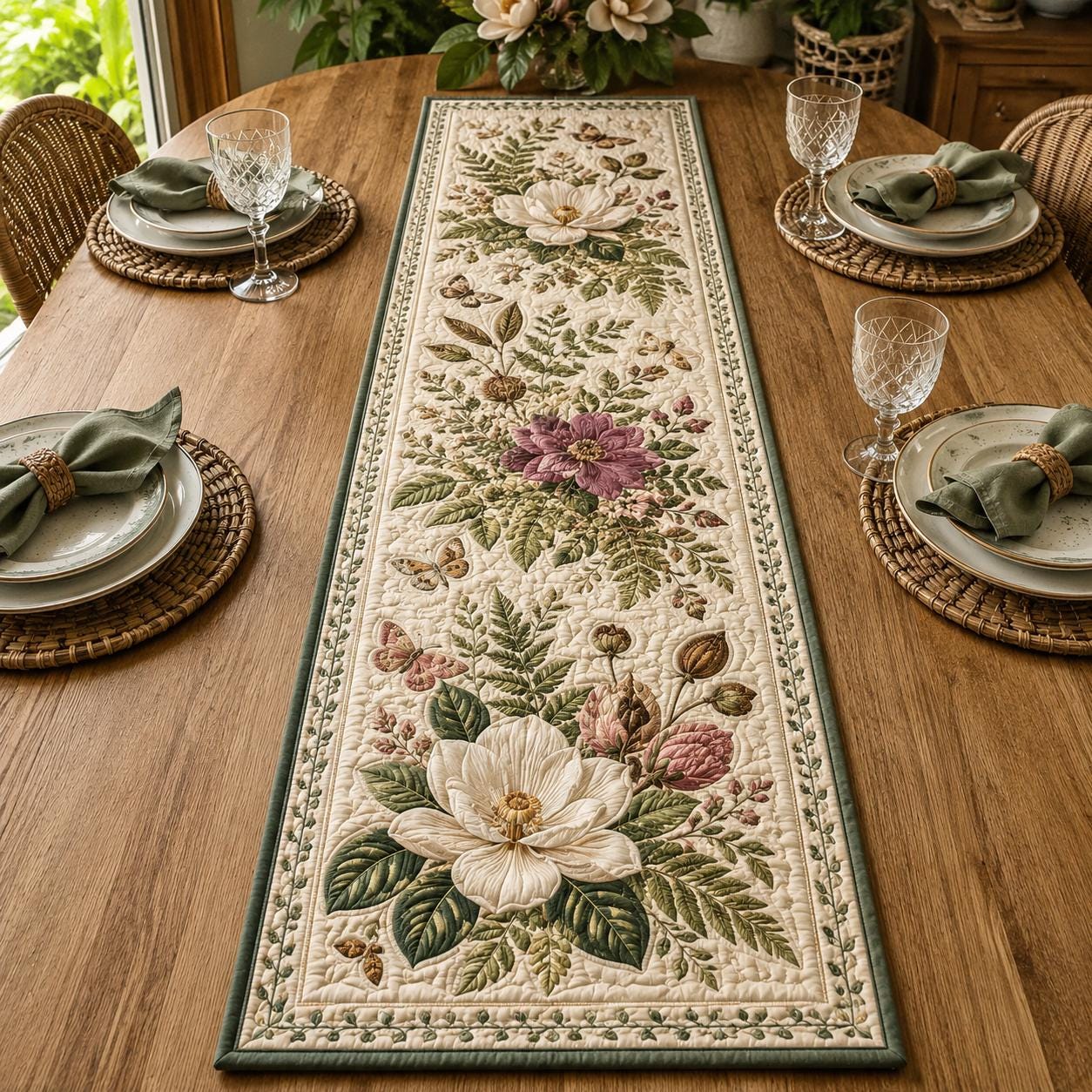 Tropical Hummingbird Table Runner with Quilt Style Botanical Decor and Bird of Paradise Floral for Summer Dining - photo 3