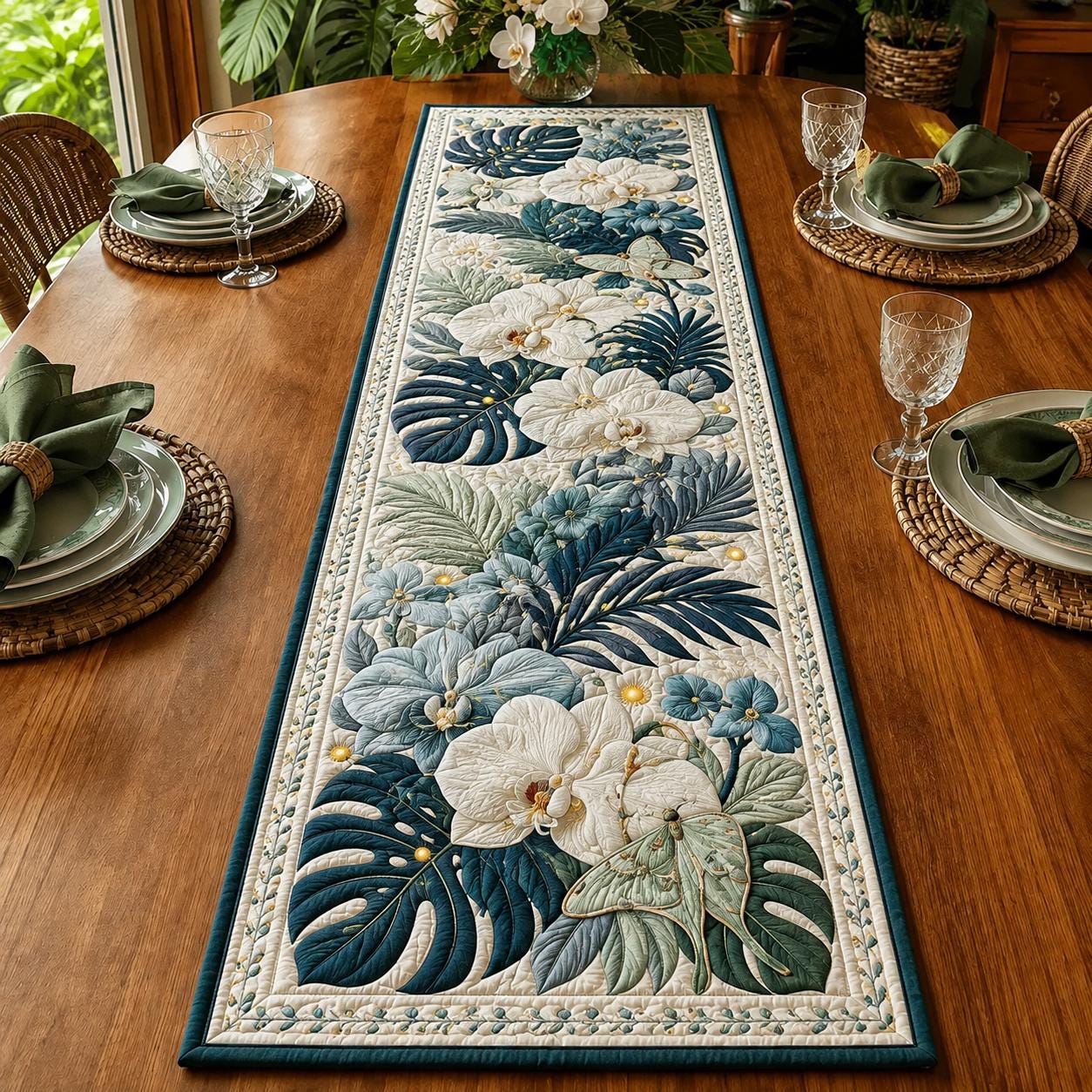Tropical Hummingbird Table Runner with Quilt Style Botanical Decor and Bird of Paradise Floral for Summer Dining - photo 6