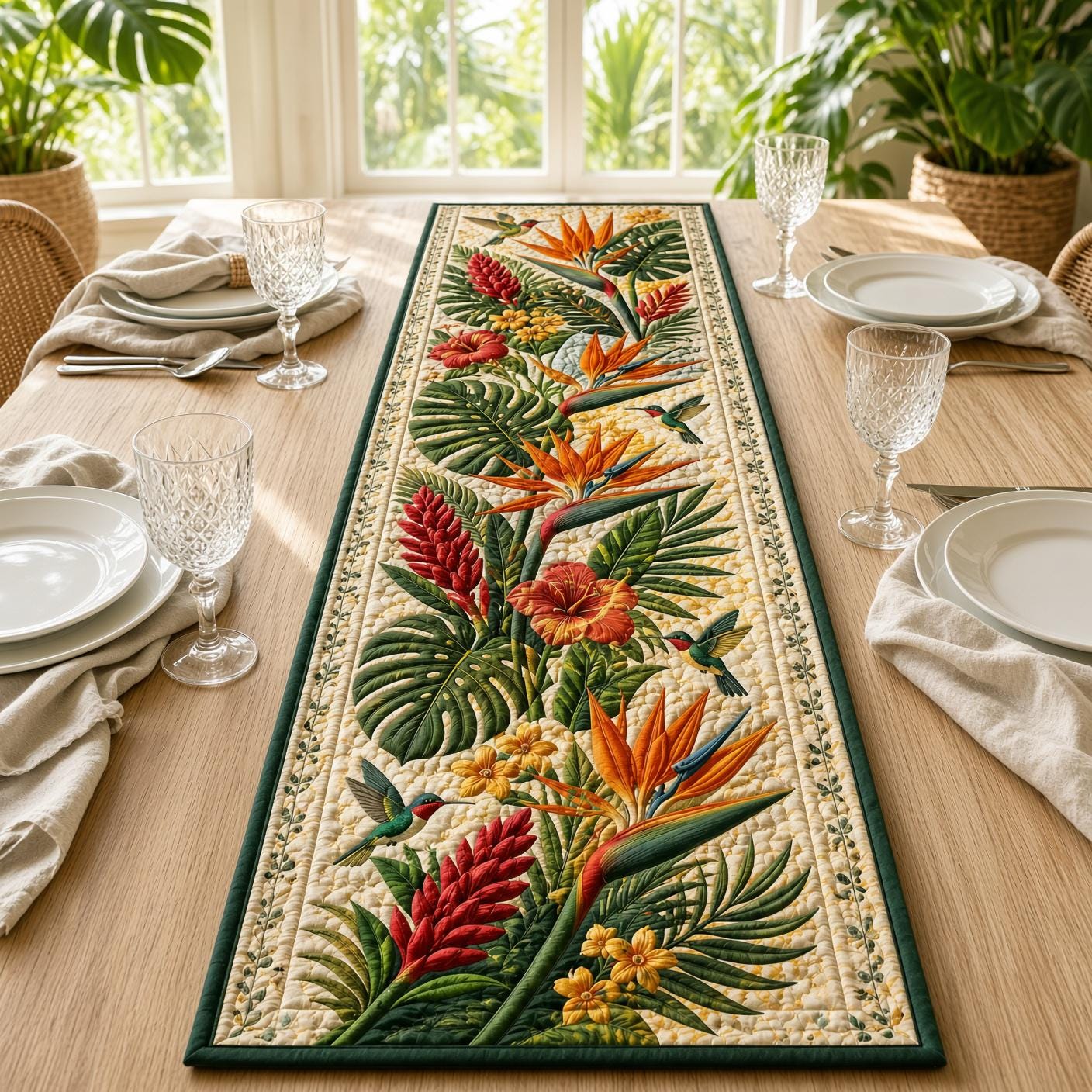 Tropical Hummingbird Table Runner with Quilt Style Botanical Decor and Bird of Paradise Floral for Summer Dining - photo 7