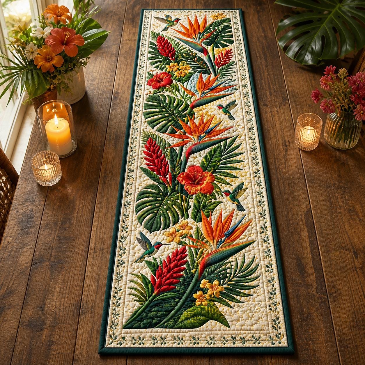 Tropical Hummingbird Table Runner with Quilt Style Botanical Decor and Bird of Paradise Floral for Summer Dining - photo 8