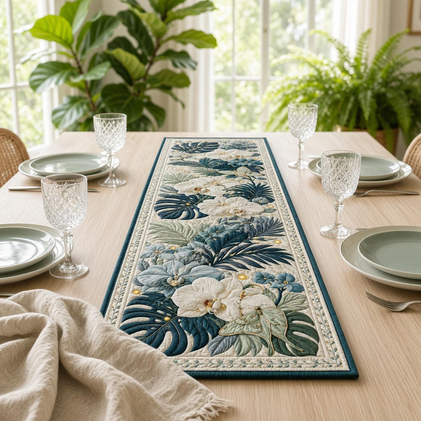 Tropical Hummingbird Table Runner with Quilt Style Botanical Decor and Bird of Paradise Floral for Summer Dining - photo 9