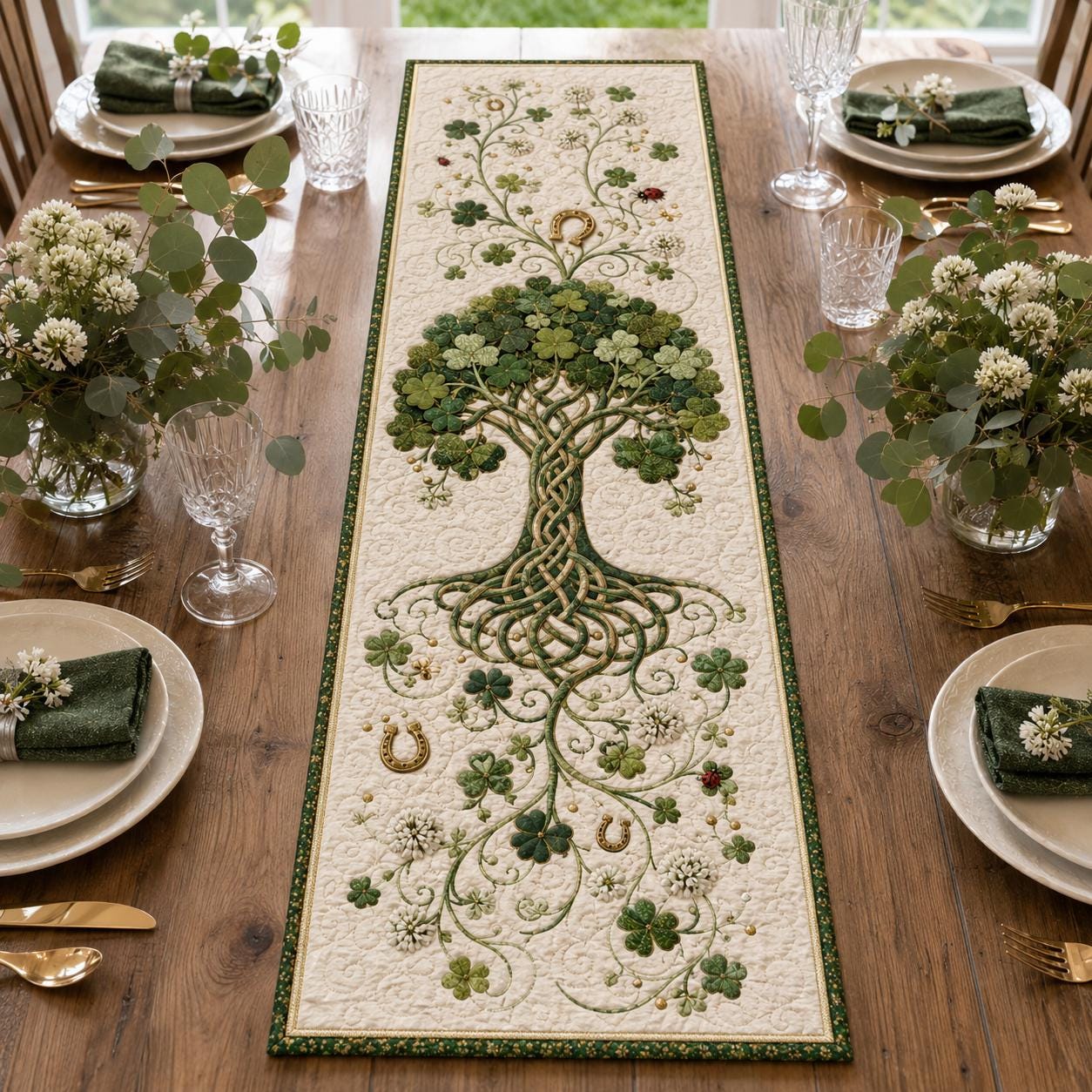 Celtic Knot Table Runner with Irish Shamrock Quilt Style Decor and Clover for Farmhouse Dining Decor