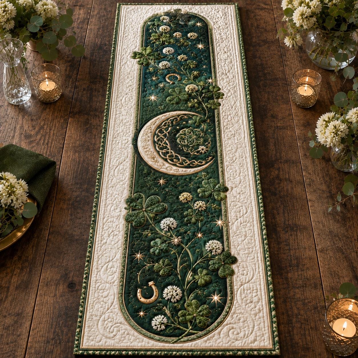 Celtic Knot Table Runner with Irish Shamrock Quilt Style Decor and Clover for Farmhouse Dining Decor - photo 2