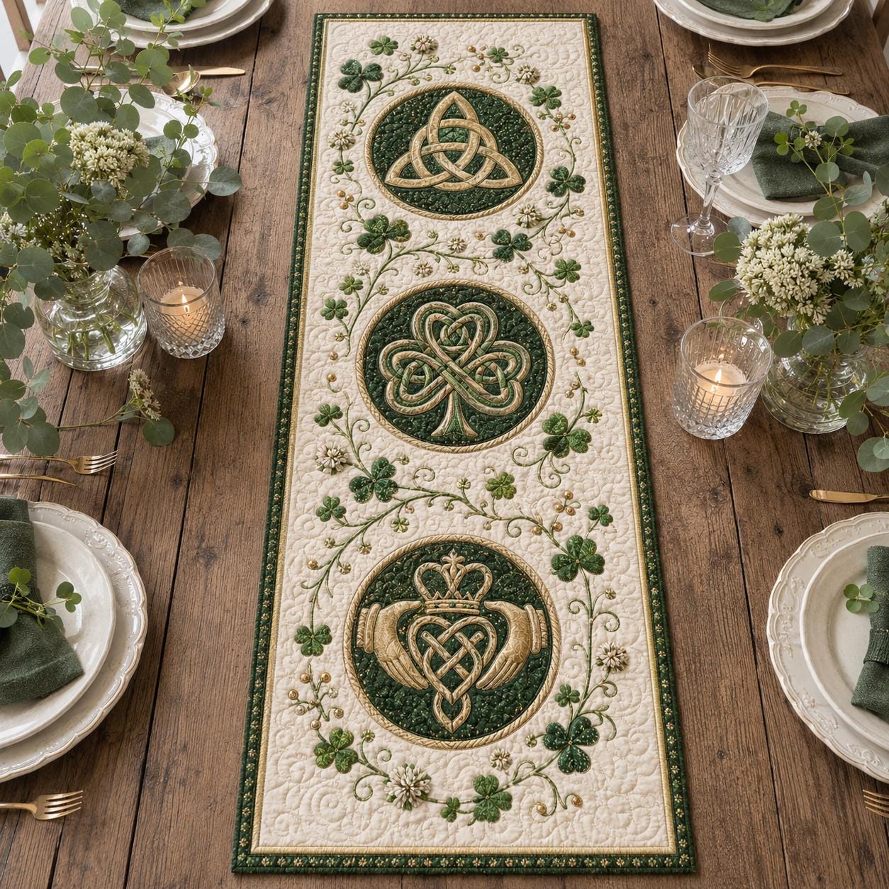 Celtic Knot Table Runner with Irish Shamrock Quilt Style Decor and Clover for Farmhouse Dining Decor - photo 3