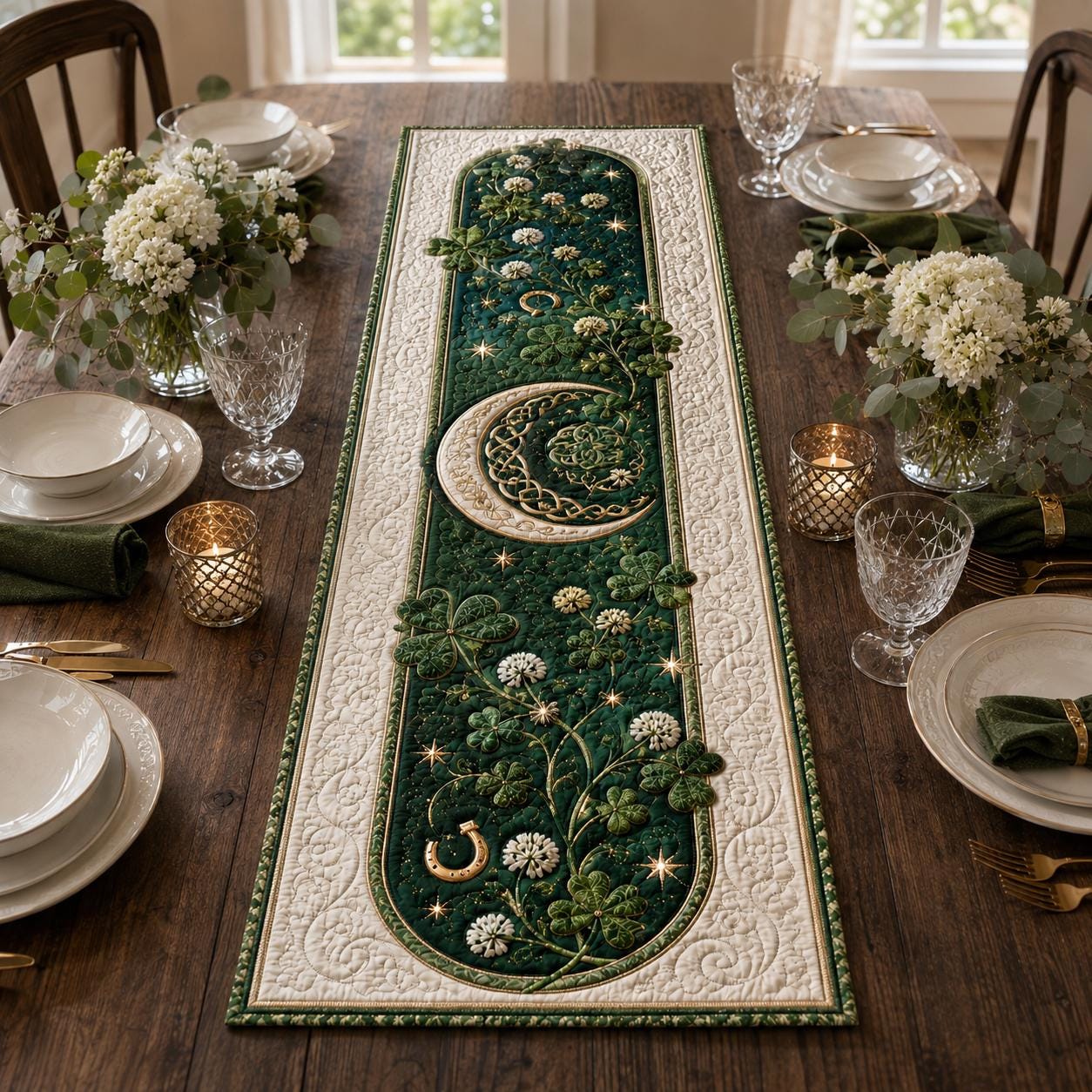 Celtic Knot Table Runner with Irish Shamrock Quilt Style Decor and Clover for Farmhouse Dining Decor - photo 6