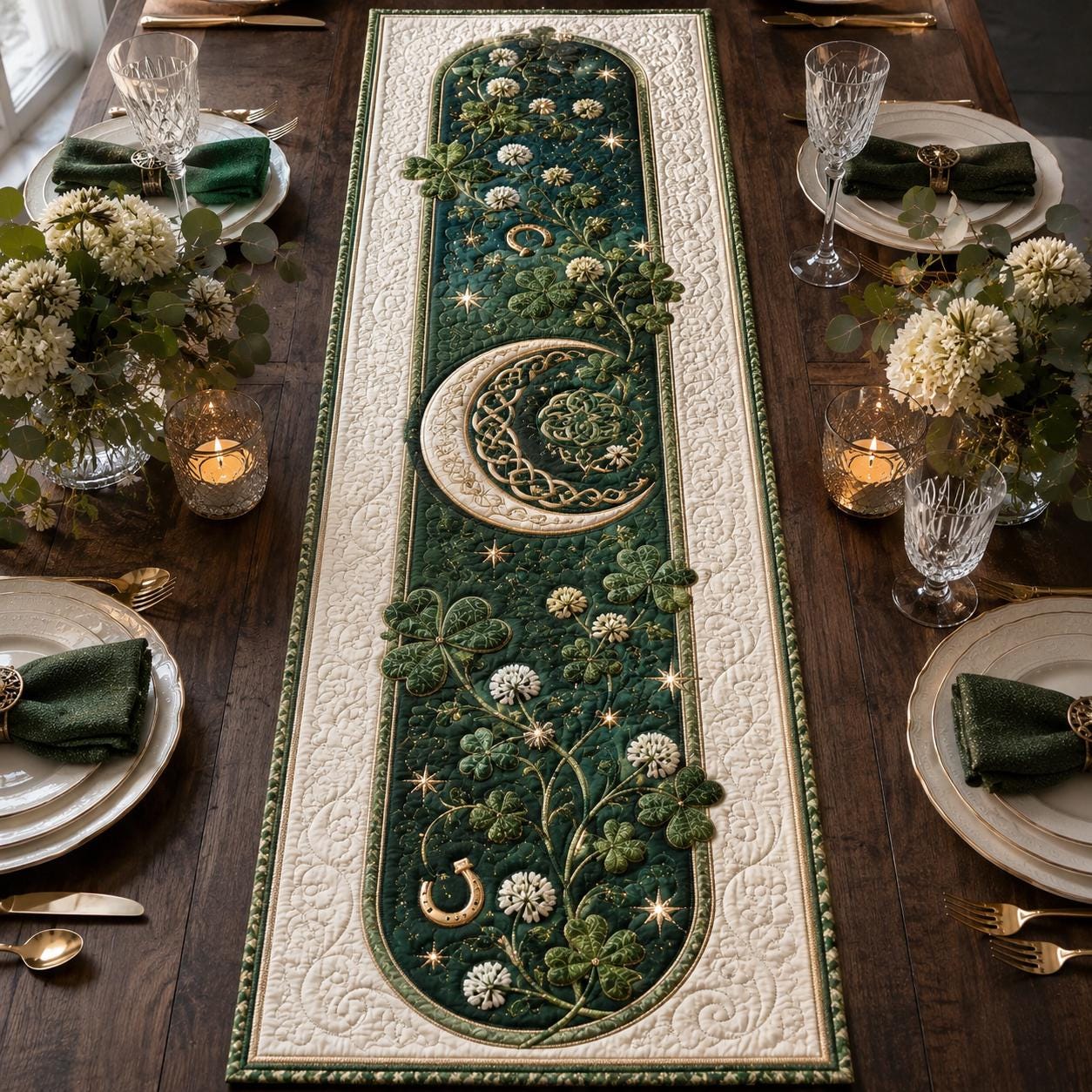 Celtic Knot Table Runner with Irish Shamrock Quilt Style Decor and Clover for Farmhouse Dining Decor - photo 7