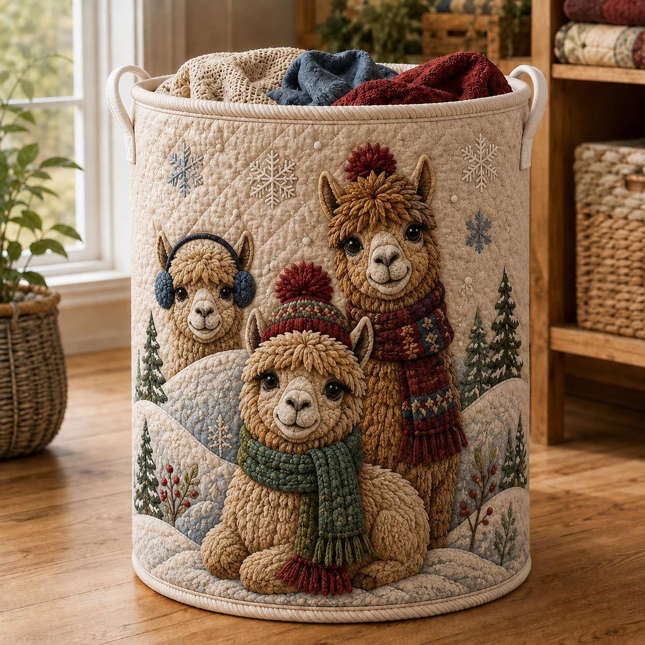 Llama Laundry Basket with Quilt Style Alpaca Hamper, Boho Nursery Storage Bin, Southwest Animal Organizer, and Llama Lover Gift
