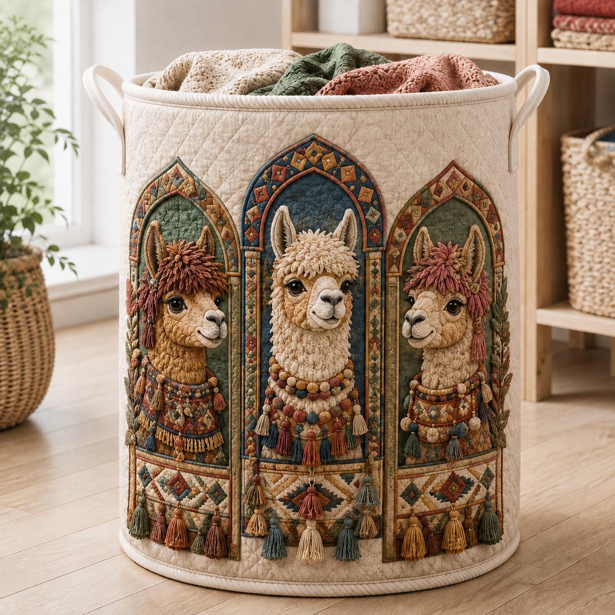 Llama Laundry Basket with Quilt Style Alpaca Hamper, Boho Nursery Storage Bin, Southwest Animal Organizer, and Llama Lover Gift - photo 2