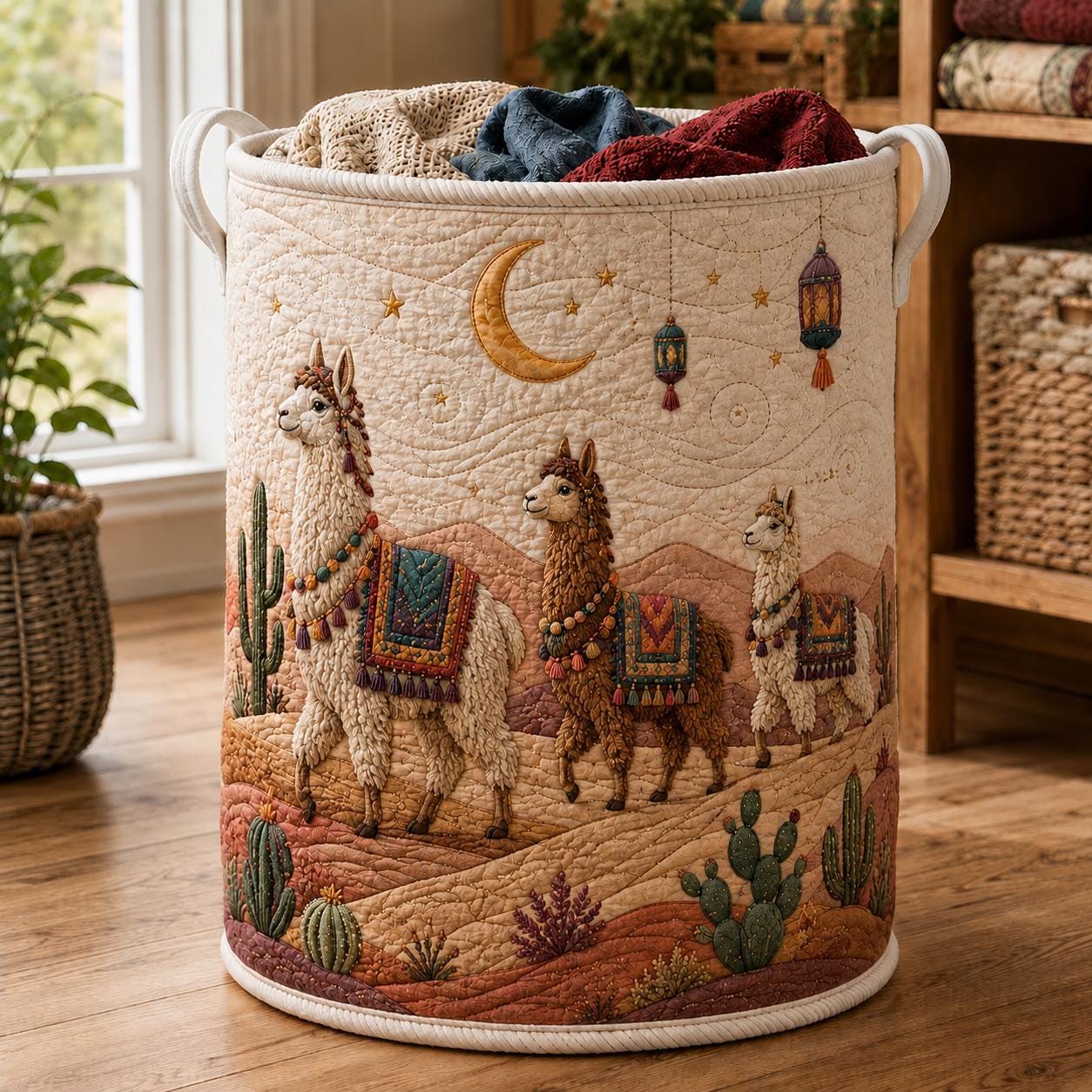 Llama Laundry Basket with Quilt Style Alpaca Hamper, Boho Nursery Storage Bin, Southwest Animal Organizer, and Llama Lover Gift - photo 3