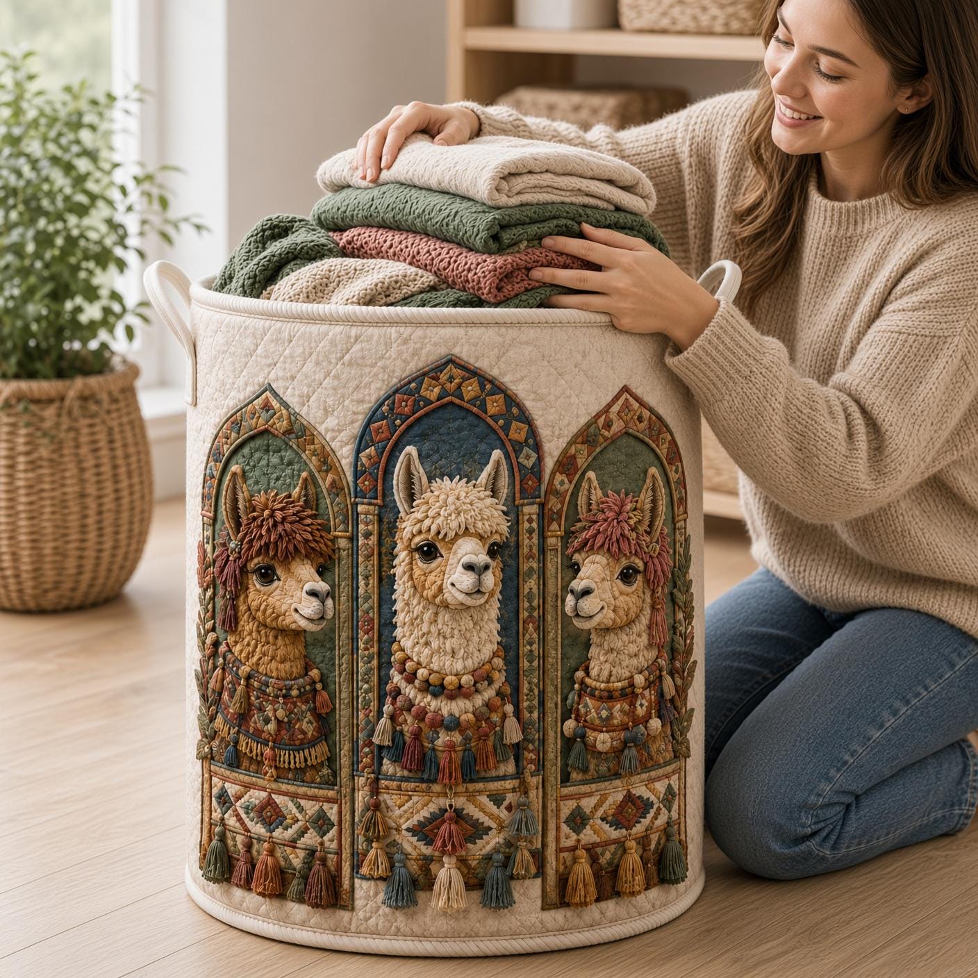 Llama Laundry Basket with Quilt Style Alpaca Hamper, Boho Nursery Storage Bin, Southwest Animal Organizer, and Llama Lover Gift - photo 7