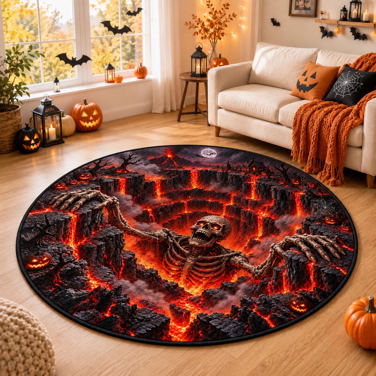 Skeleton Halloween Round Rug with 3D Illusion Quilted Lava Pit Floor Mat and Scary Volcano Home Decor for Halloween