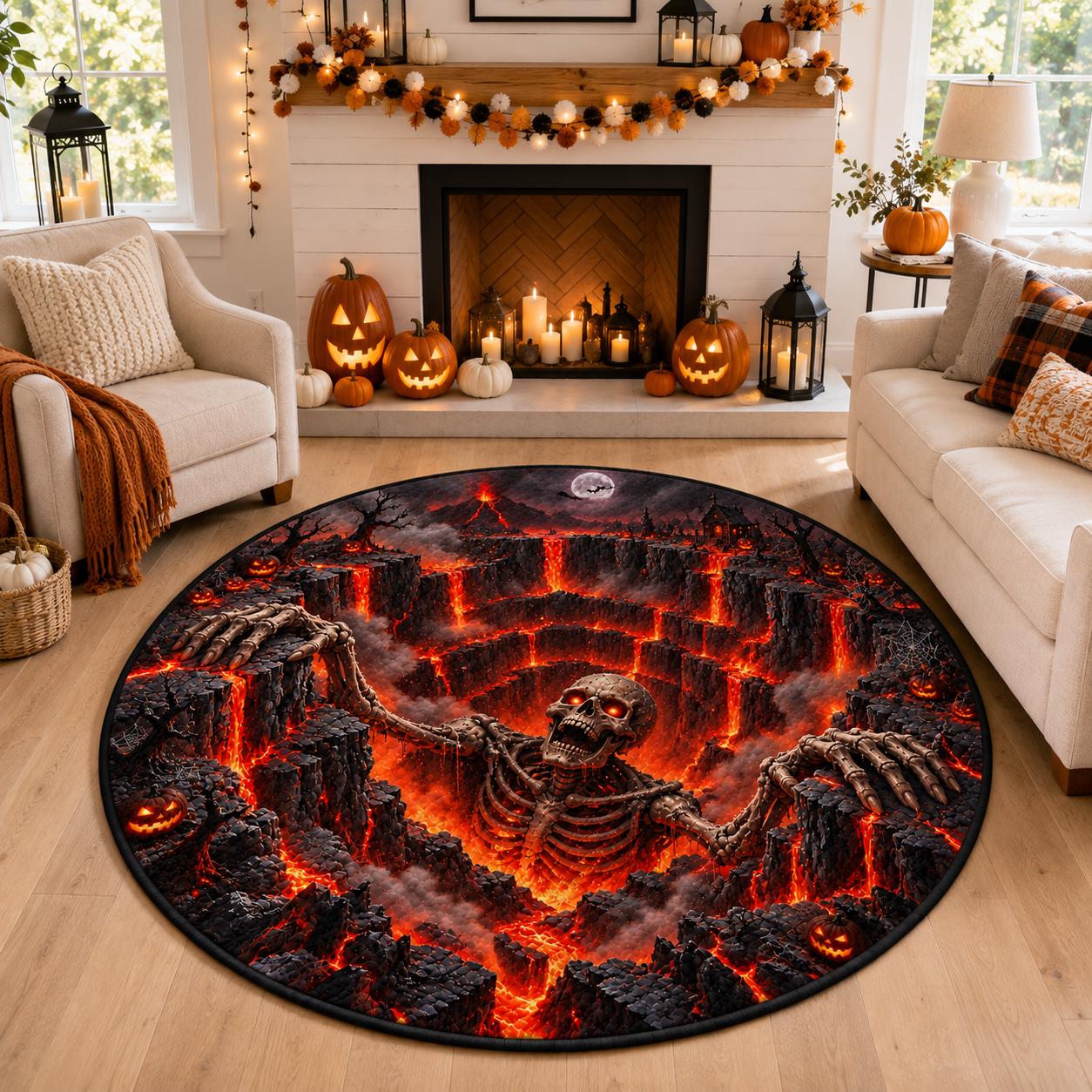 Skeleton Halloween Round Rug with 3D Illusion Quilted Lava Pit Floor Mat and Scary Volcano Home Decor for Halloween - photo 2