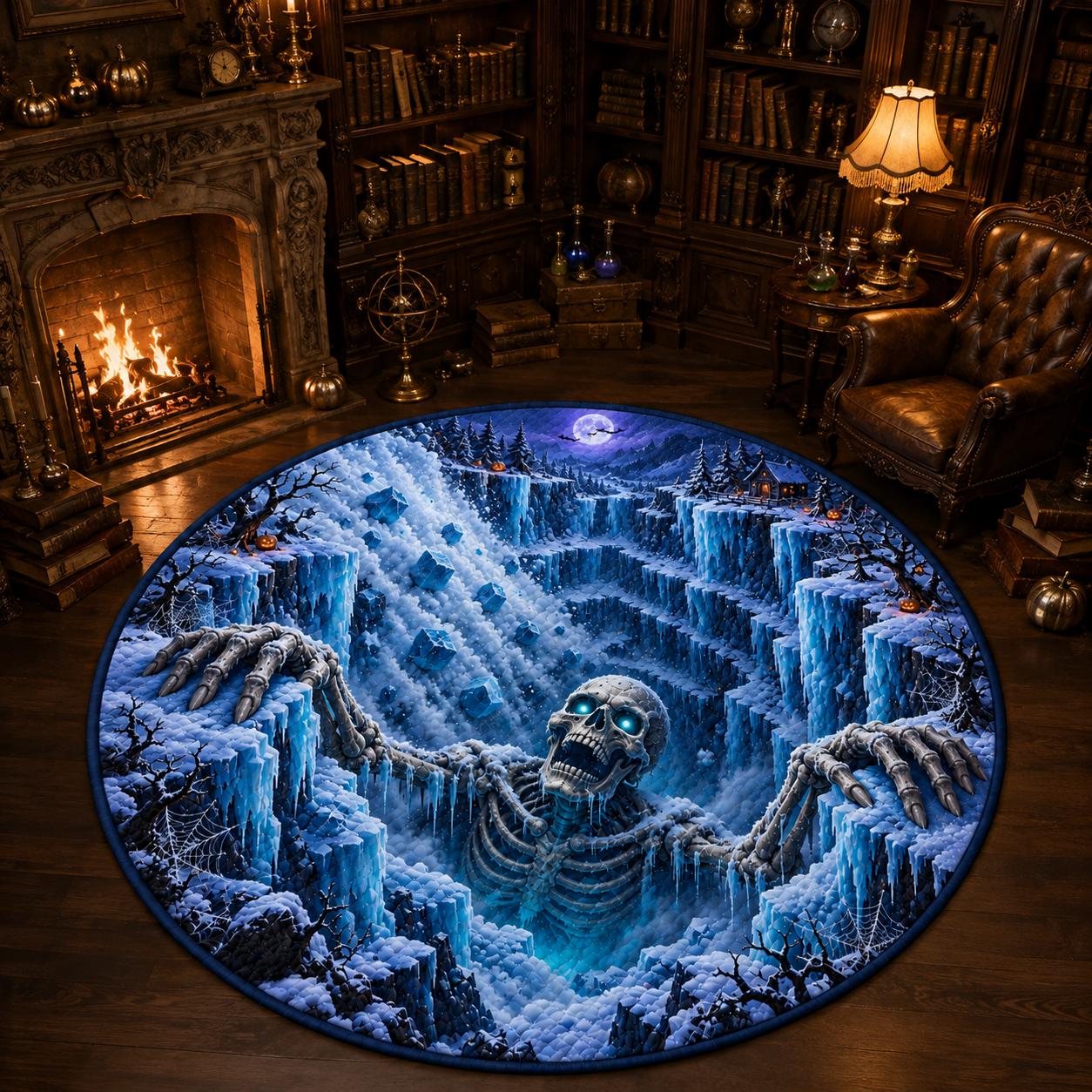 Skeleton Halloween Round Rug with 3D Illusion Quilted Lava Pit Floor Mat and Scary Volcano Home Decor for Halloween - photo 3