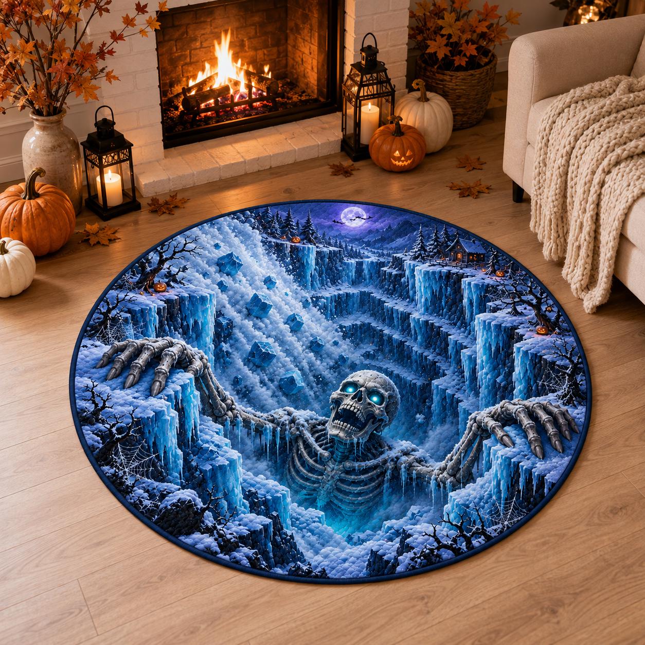 Skeleton Halloween Round Rug with 3D Illusion Quilted Lava Pit Floor Mat and Scary Volcano Home Decor for Halloween - photo 4