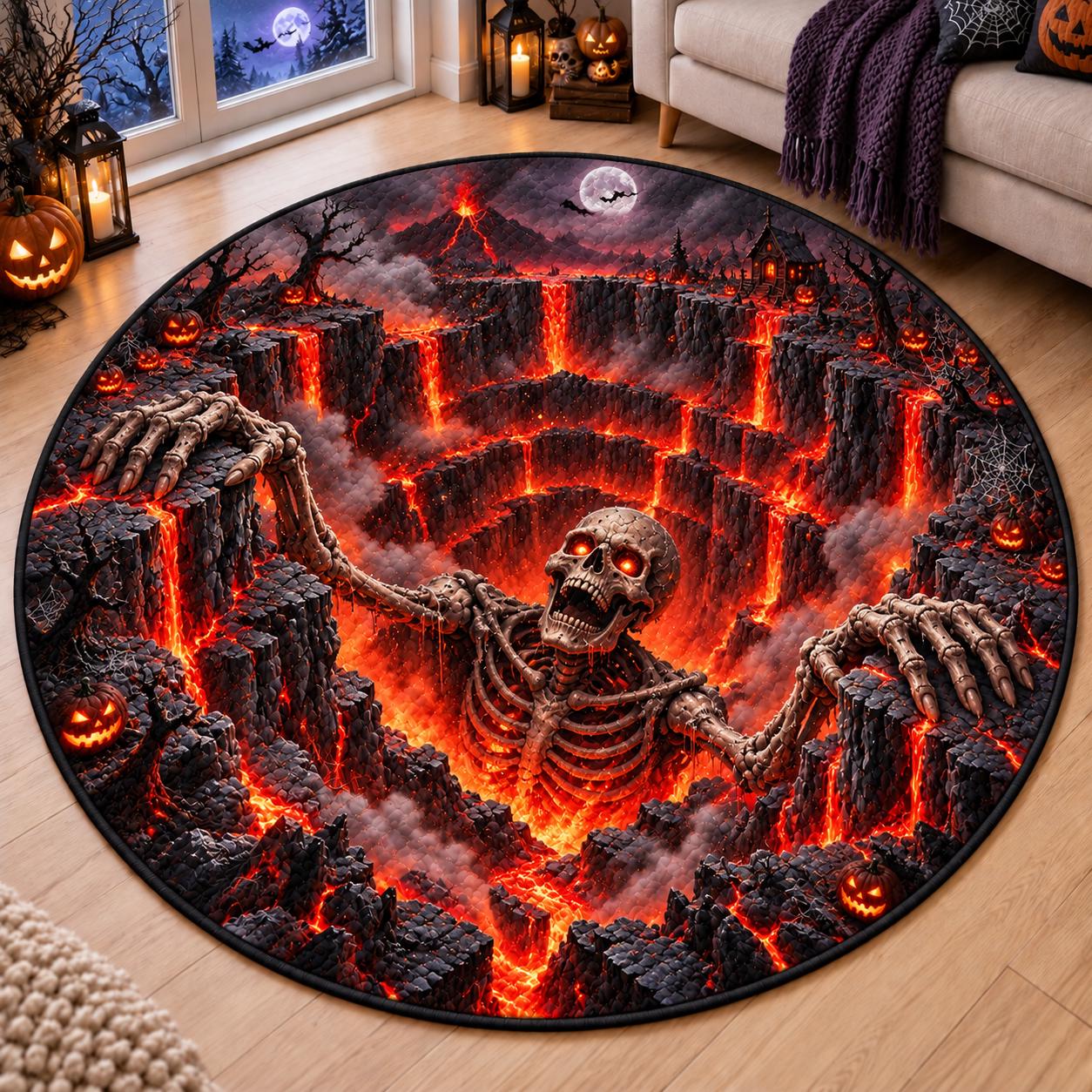 Skeleton Halloween Round Rug with 3D Illusion Quilted Lava Pit Floor Mat and Scary Volcano Home Decor for Halloween - photo 7