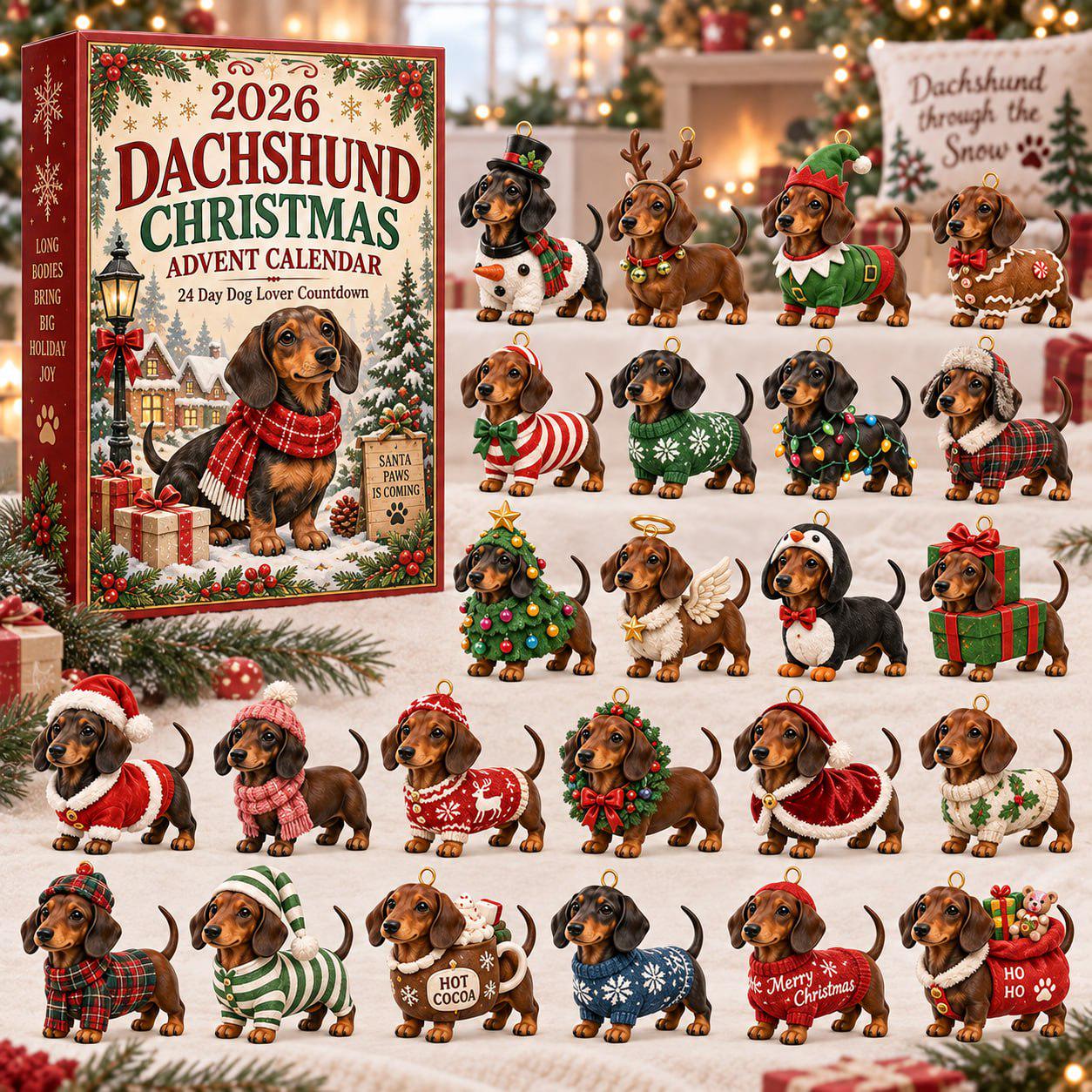 24 Days Dachshund Christmas Advent Calendar 2026 – Blind Box Charm Set with 24 Acrylic Charms, Wiener Dog Lover Holiday Countdown Gift