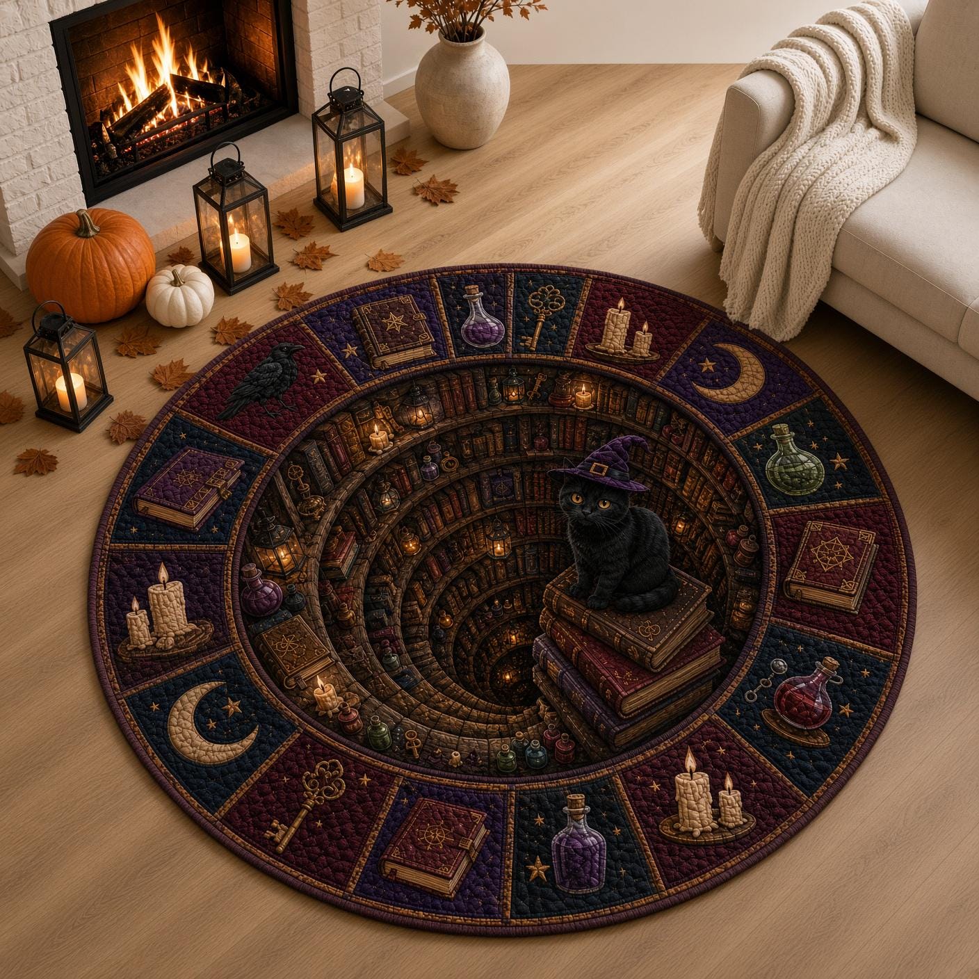 Witch Cat Halloween Round Rug with 3D Illusion Quilted Magic Library Floor Mat for Gothic Black Cat Home Decor