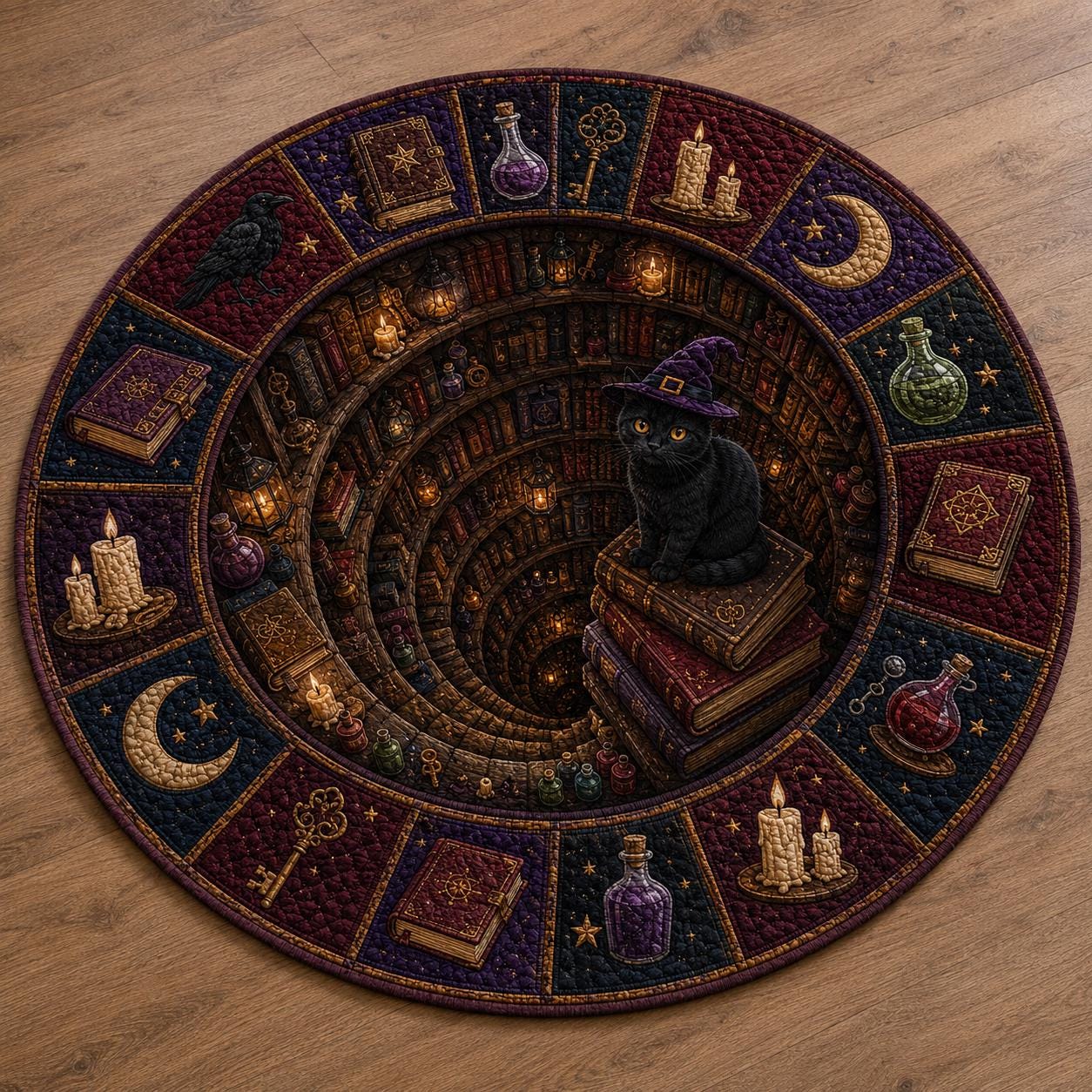 Witch Cat Halloween Round Rug with 3D Illusion Quilted Magic Library Floor Mat for Gothic Black Cat Home Decor - photo 2