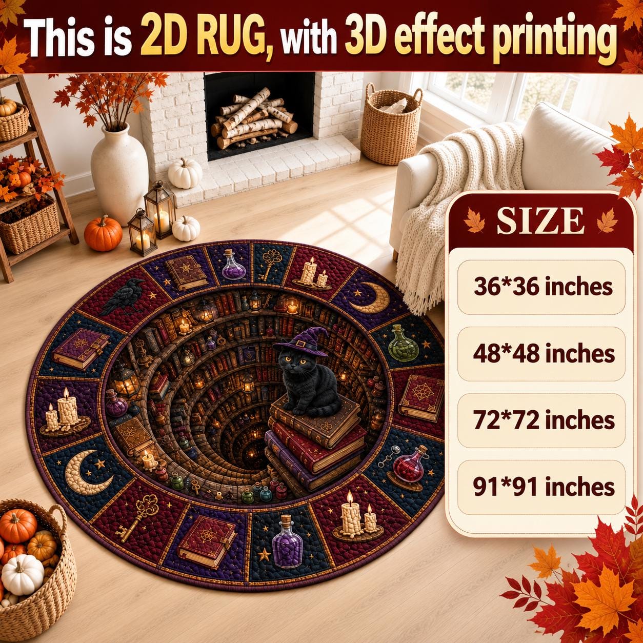 Witch Cat Halloween Round Rug with 3D Illusion Quilted Magic Library Floor Mat for Gothic Black Cat Home Decor - photo 3