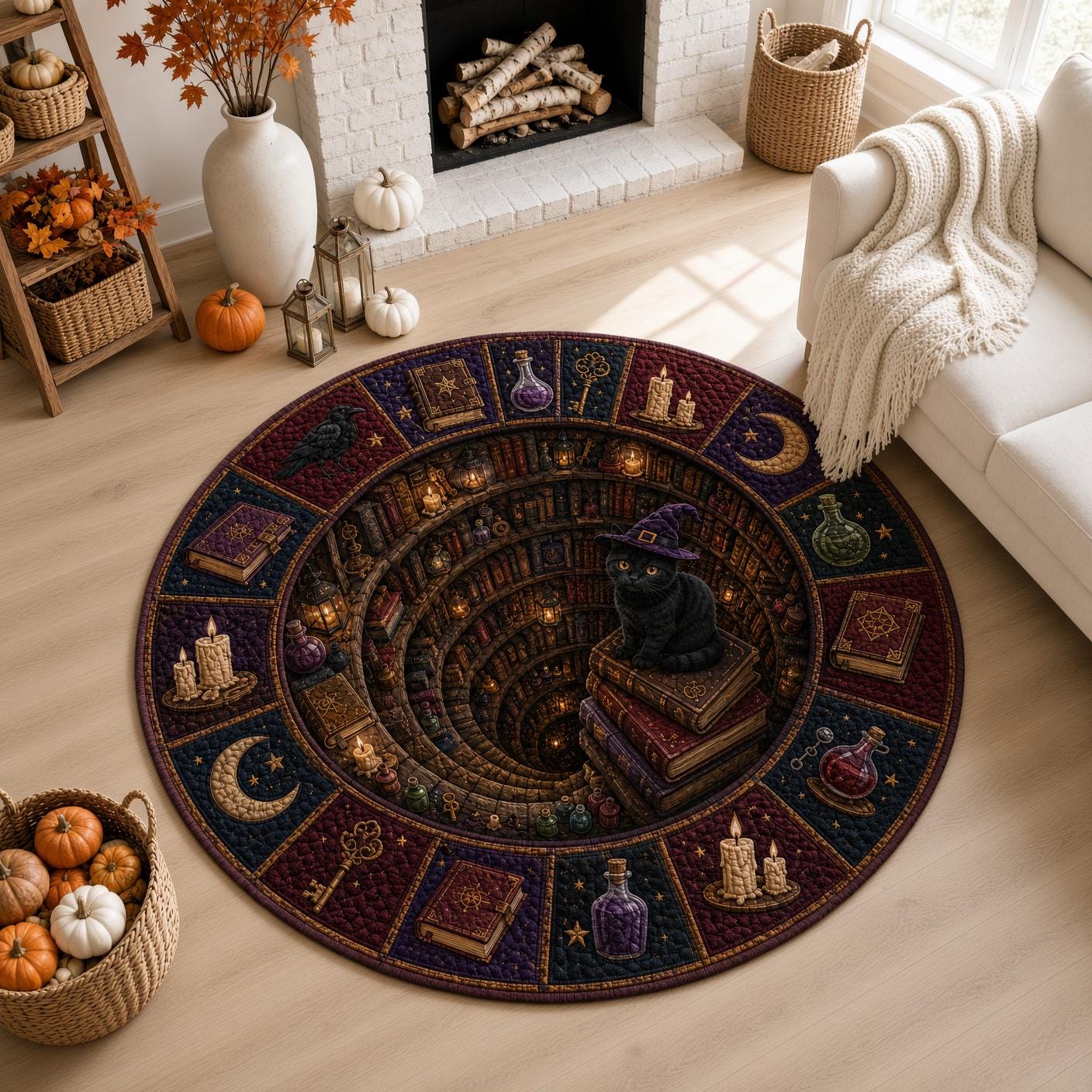 Witch Cat Halloween Round Rug with 3D Illusion Quilted Magic Library Floor Mat for Gothic Black Cat Home Decor - photo 4
