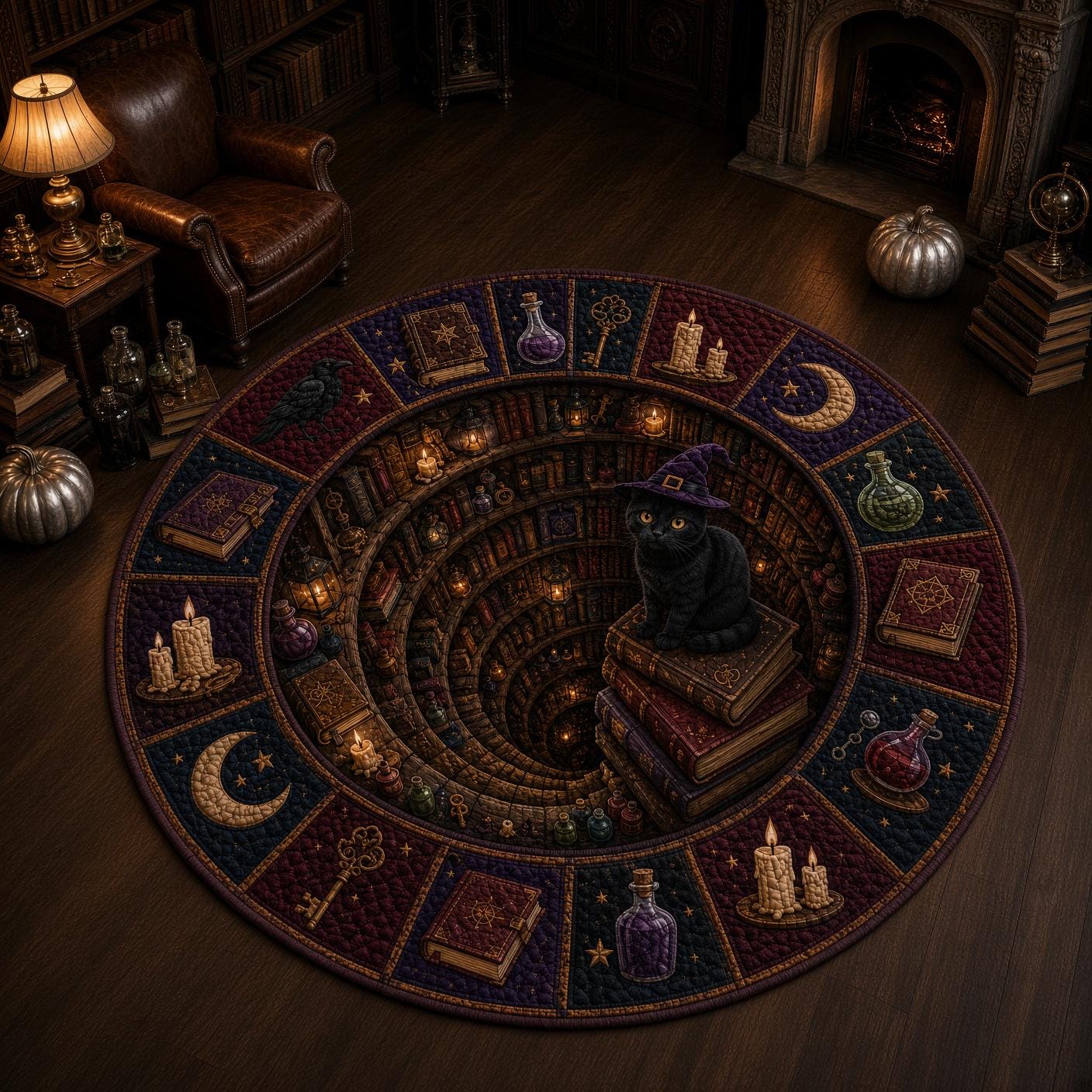 Witch Cat Halloween Round Rug with 3D Illusion Quilted Magic Library Floor Mat for Gothic Black Cat Home Decor - photo 5