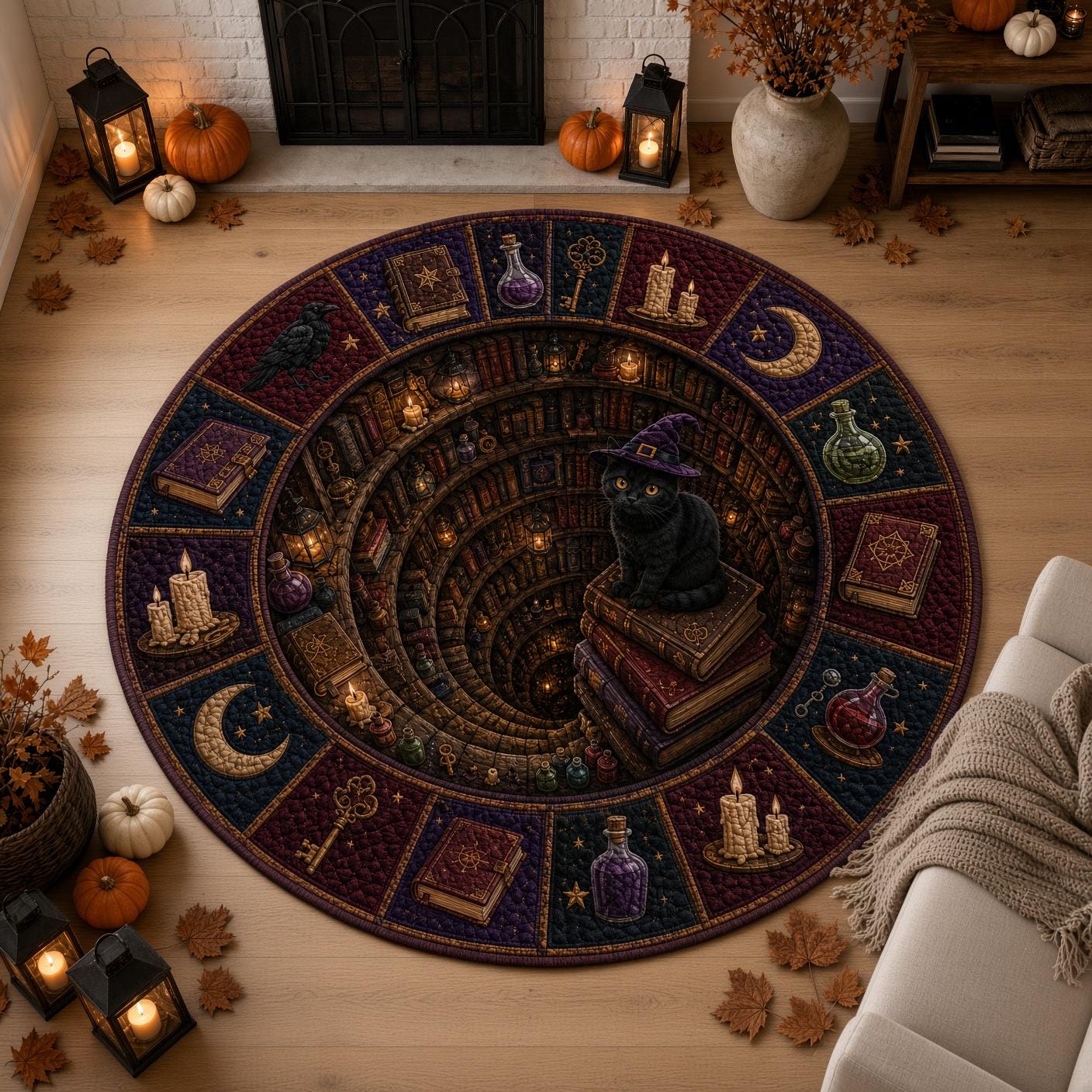 Witch Cat Halloween Round Rug with 3D Illusion Quilted Magic Library Floor Mat for Gothic Black Cat Home Decor - photo 6